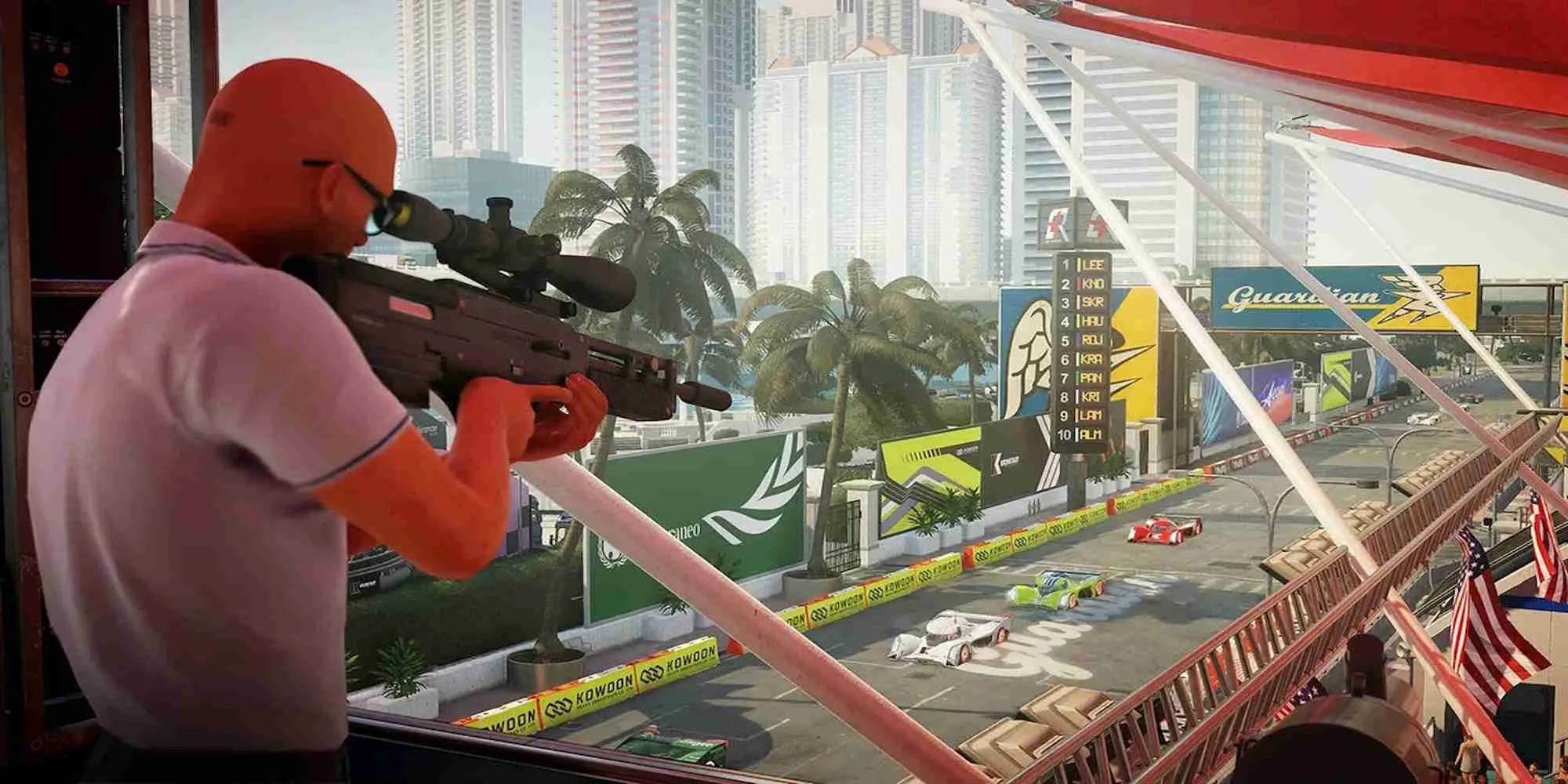 Đặc vụ 47 đang ngắm bắn mục tiêu trong game Hitman World of Assassination
