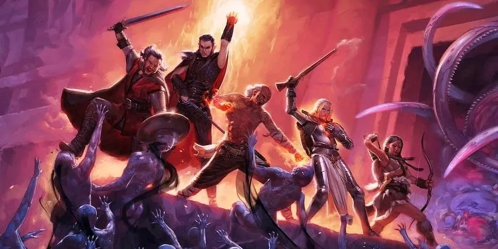 Dàn nhân vật chính trong Pillars of Eternity đứng giữa khung cảnh hùng vĩ