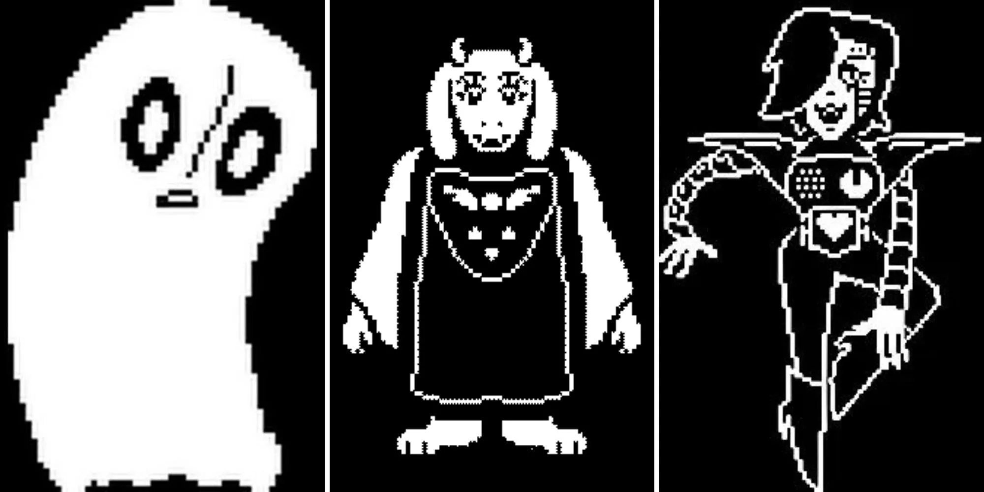 Dàn nhân vật Undertale quen thuộc gồm Napstablook, Toriel và Mettaton pixel art