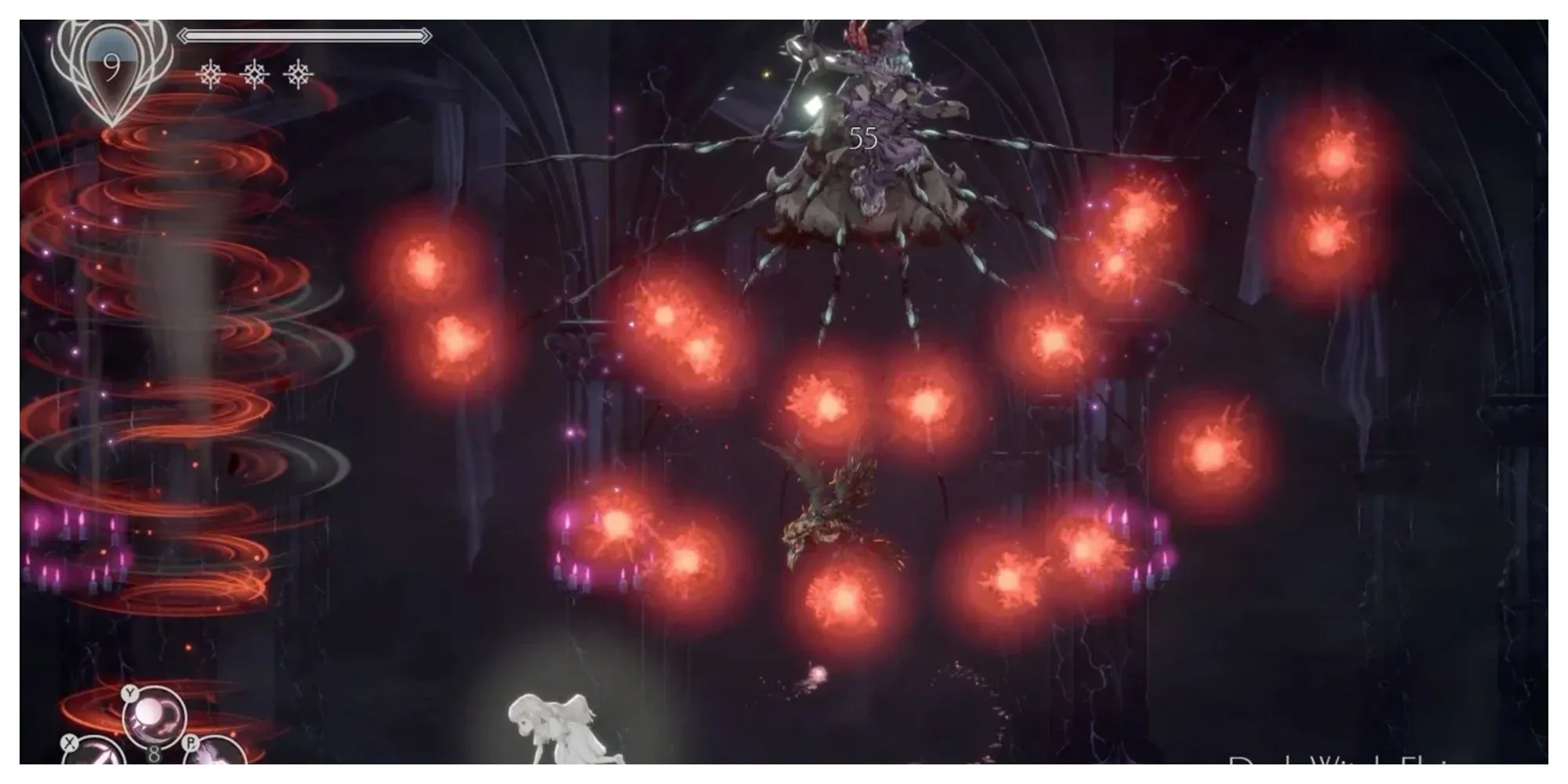 Dark Witch Eleine tung ra cơn mưa đạn trong trận chiến với người chơi ở Ender Lilies