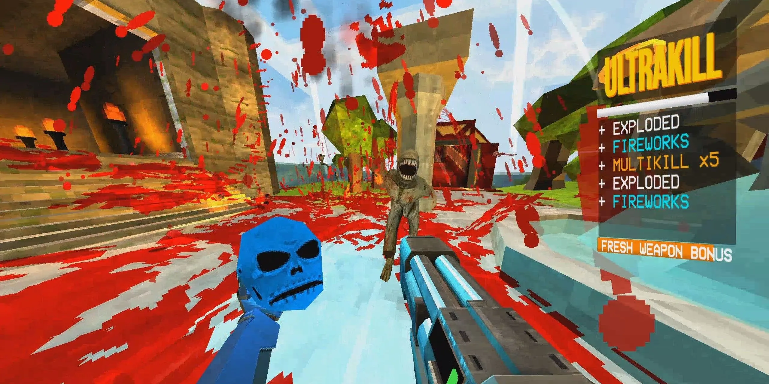 Đạt được thứ hạng Ultrakill trong game với màn hình đầy máu và hiệu ứng pixel
