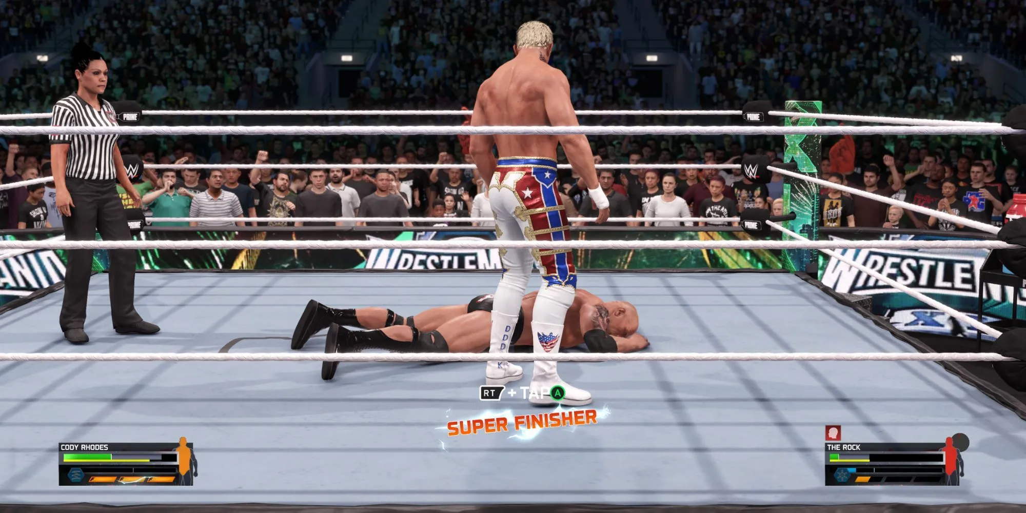 Đô vật thực hiện đòn tấn công từ trên không trong WWE 2K25, minh họa cho Super Finisher