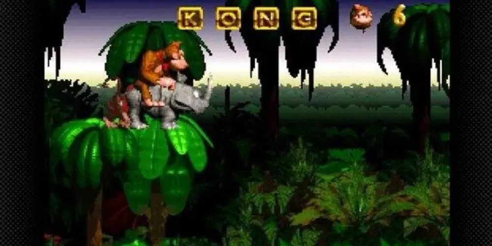 Donkey Kong cưỡi tê giác Rambi trong một khu rừng rậm xanh tươi, Diddy Kong theo sau trong game Donkey Kong Country