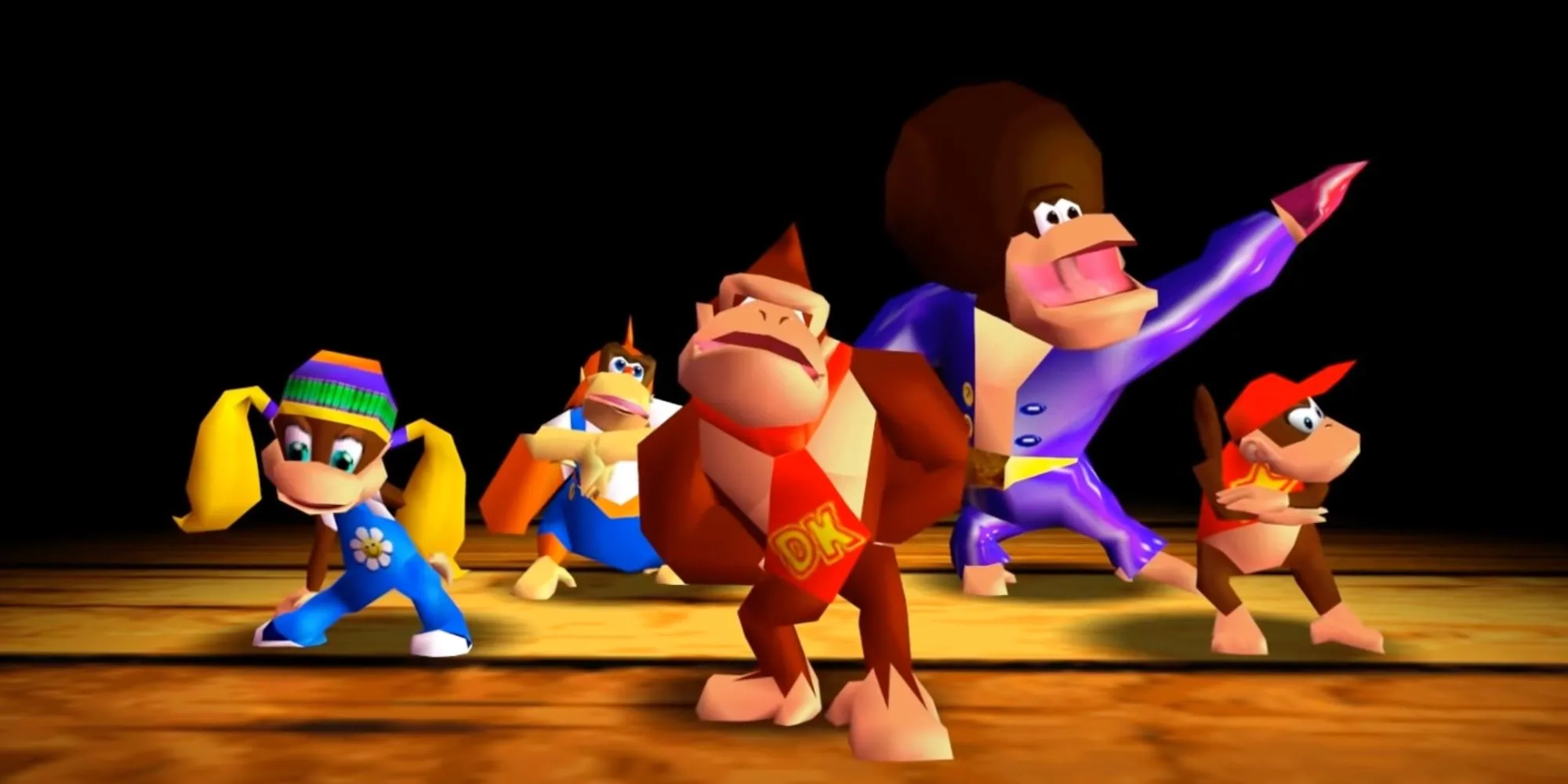 Donkey Kong và nhóm bạn đang biểu diễn một bài rap sôi động trên sân khấu trong Donkey Kong 64
