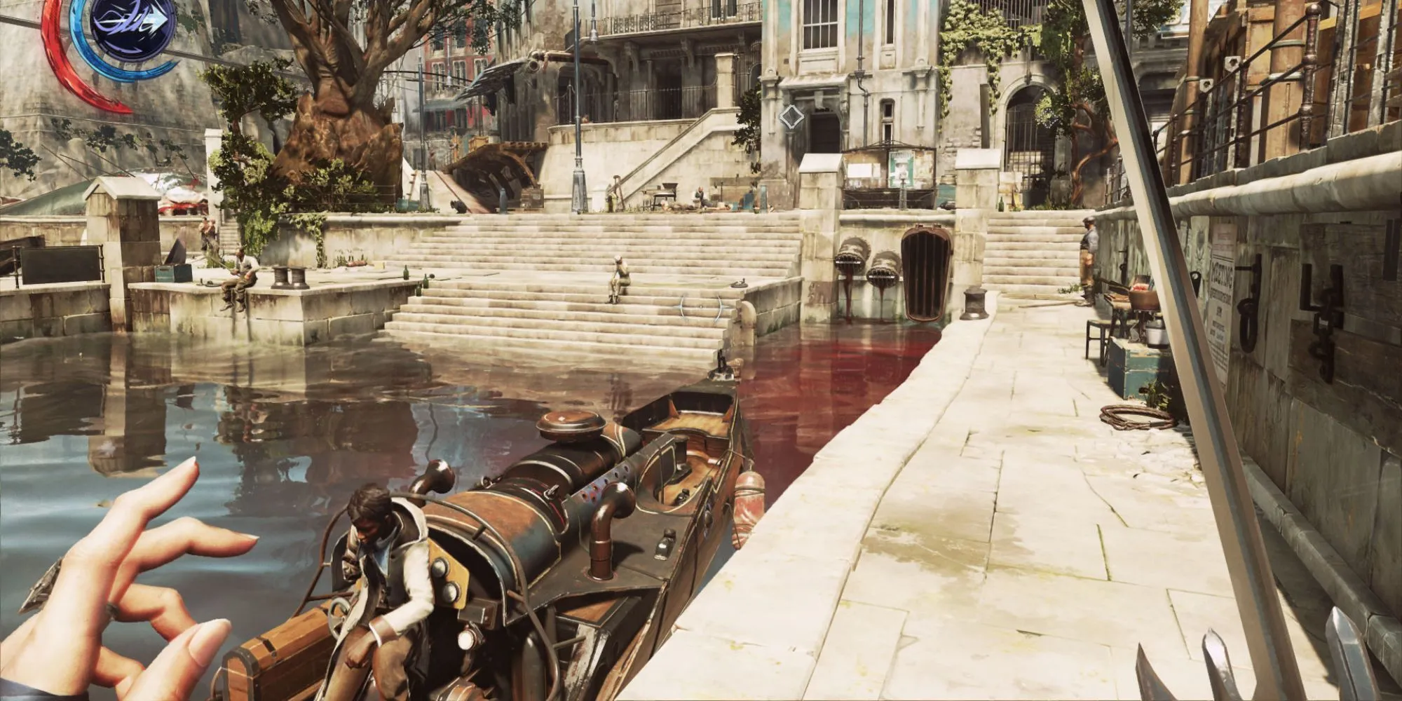 Emily Kaldwin nhìn ra bến cảng Karnaca trong Dishonored 2, một ví dụ về màn chơi bán thế giới mở