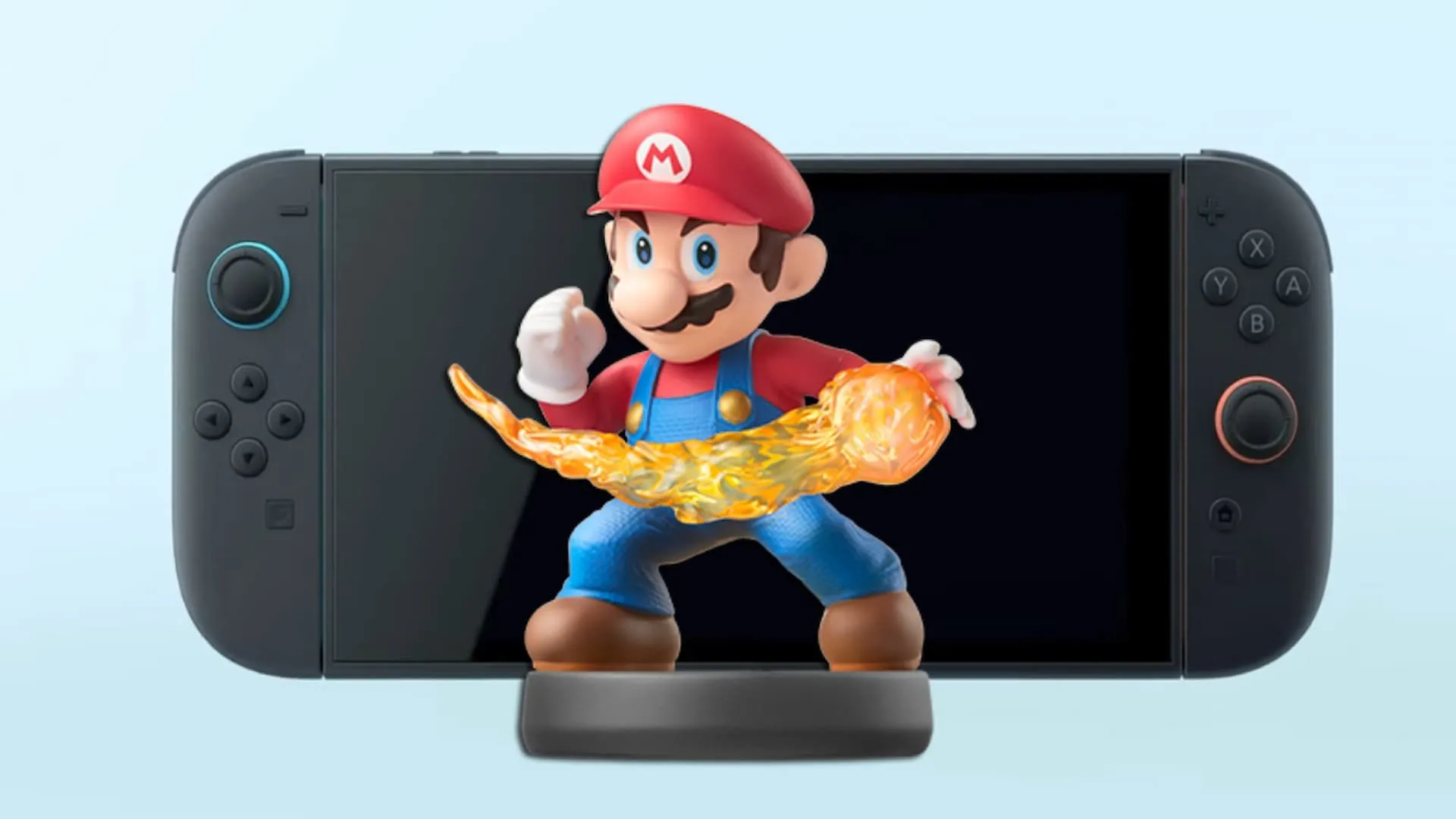 Figure Mario Amiibo đứng cạnh logo Nintendo Switch 2 đang bốc cháy tượng trưng cho những vấn đề của thế hệ máy cũ và hy vọng vào tương lai.