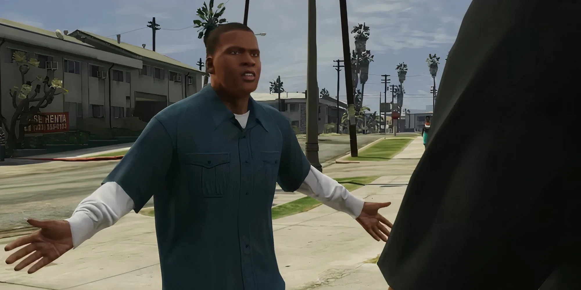 Franklin Clifton, nhân vật chính của GTA 5, đang nói chuyện với ai đó trên đường phố