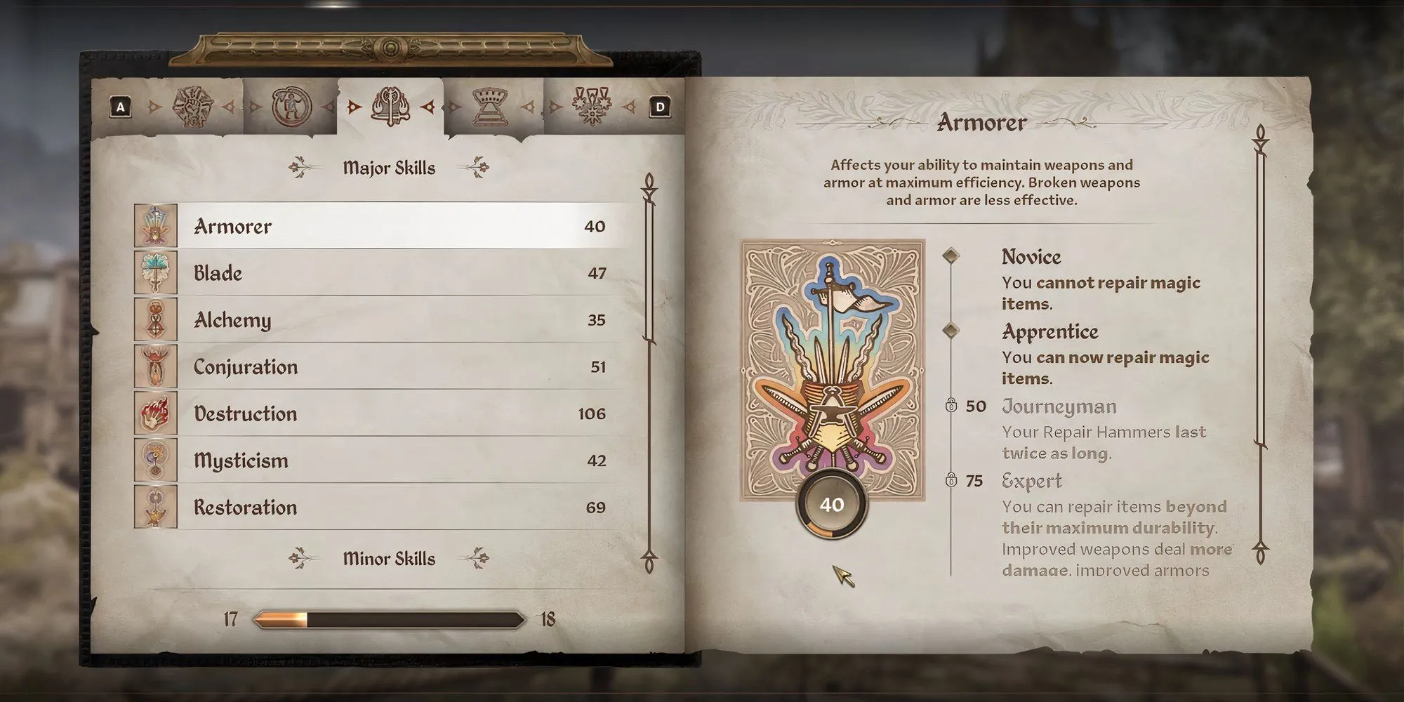 Game thủ sử dụng kỹ năng Armorer (Thợ Rèn) trong Oblivion Remastered để sửa chữa trang bị