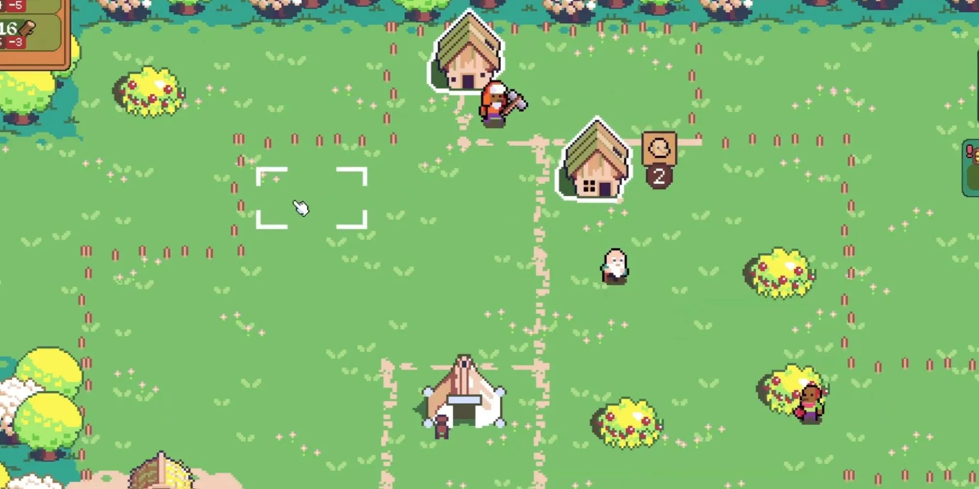 Gameplay của dotAGE với giao diện quản lý dân làng và các công trình xây dựng