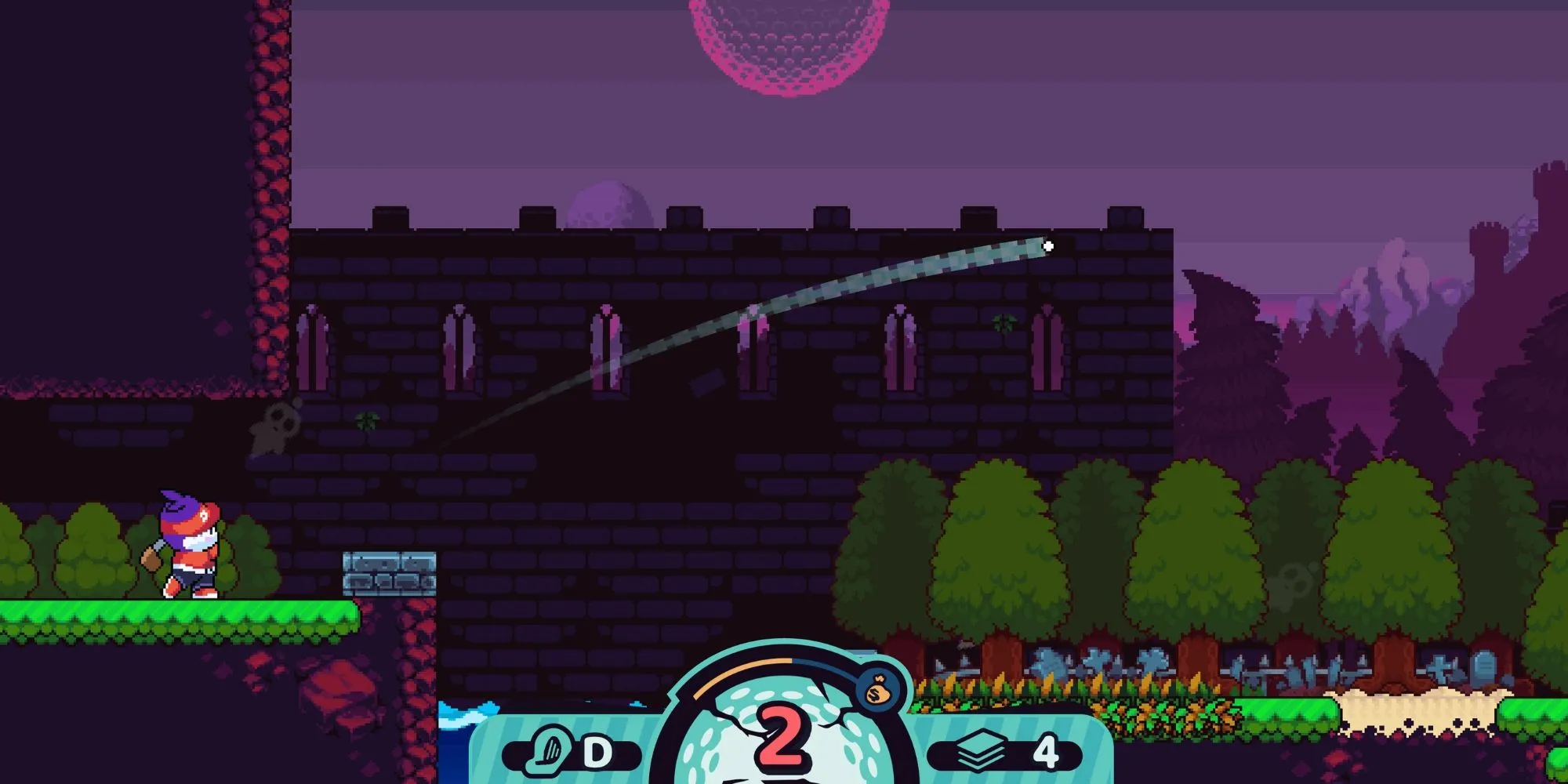Gameplay Cursed to Golf với nhân vật đang ngắm cú đánh trên sân golf đầy thử thách