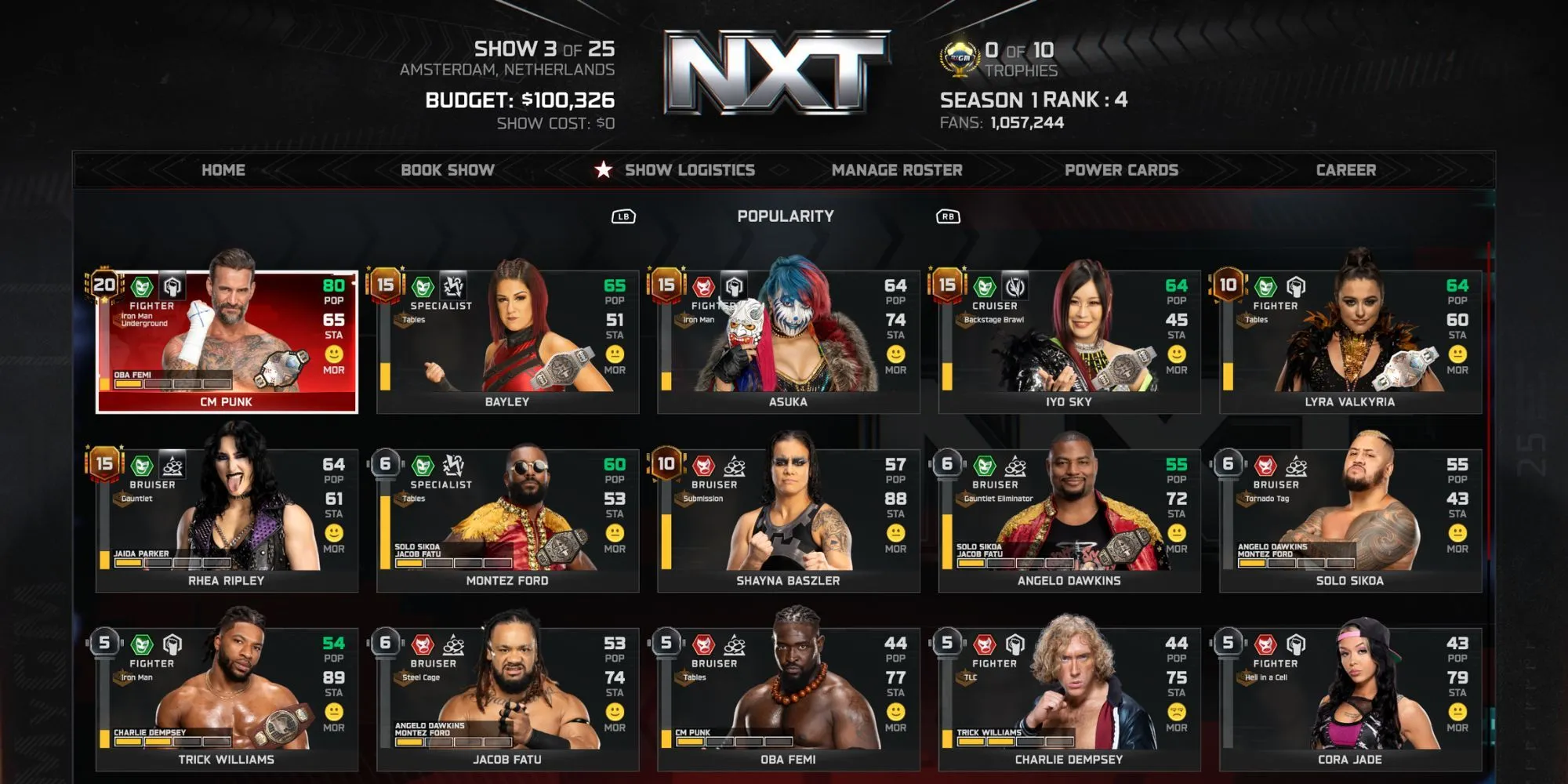 Giao diện chế độ MyGM trong WWE 2K25 hiển thị bảng draft đô vật và chỉ số