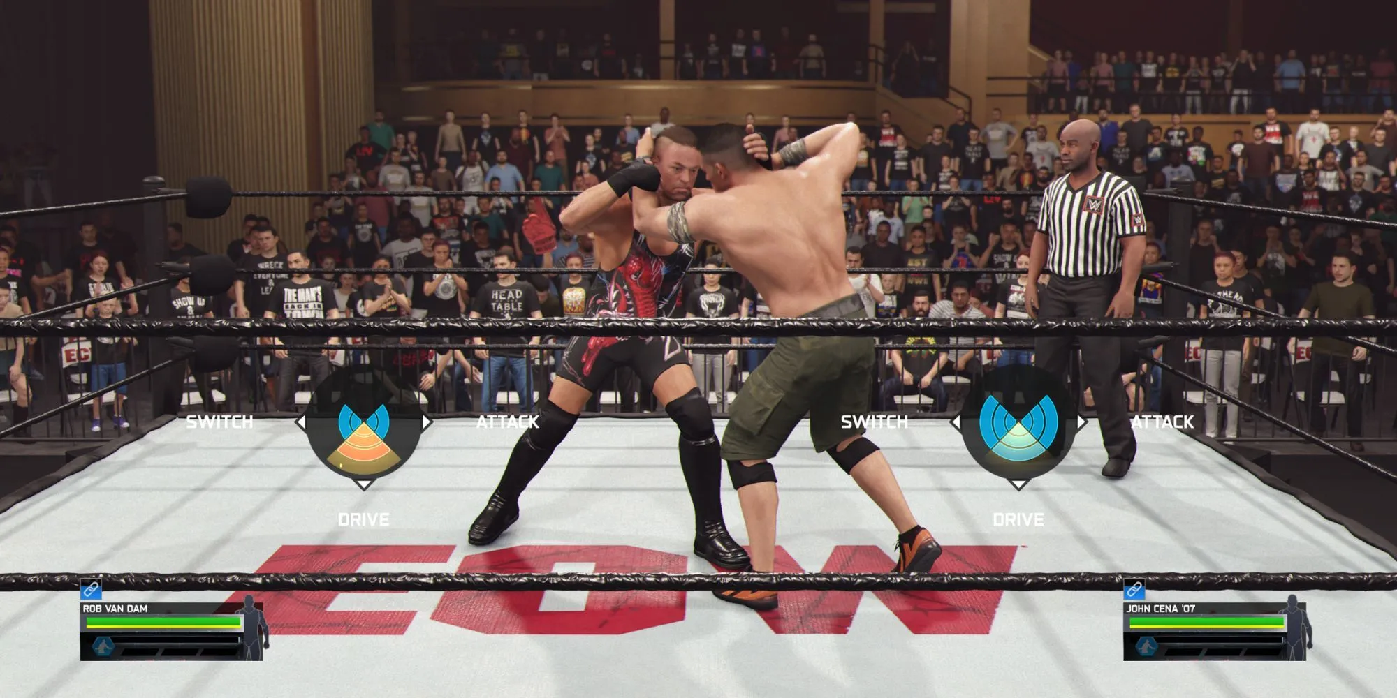 Giao diện chọn động tác chain wrestling trong WWE 2K25 với các tùy chọn Drive, Switch, Wrench, Attack