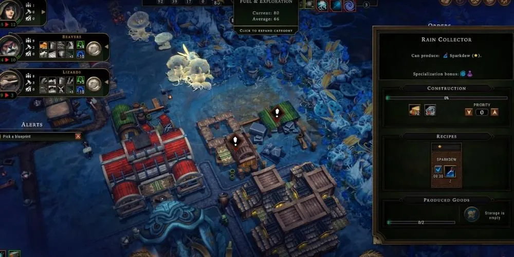 Giao diện game Against the Storm nhìn từ trên xuống khu định cư với công trình Rain Collector