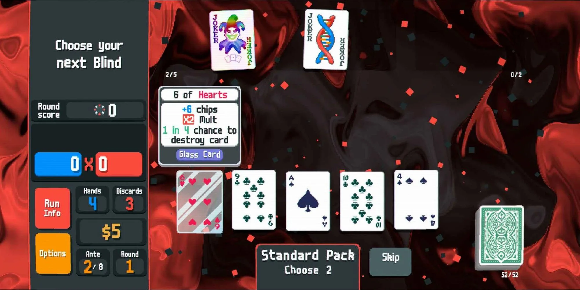 Giao diện game Balatro với các lá bài Joker và bộ bài poker tiêu chuẩn