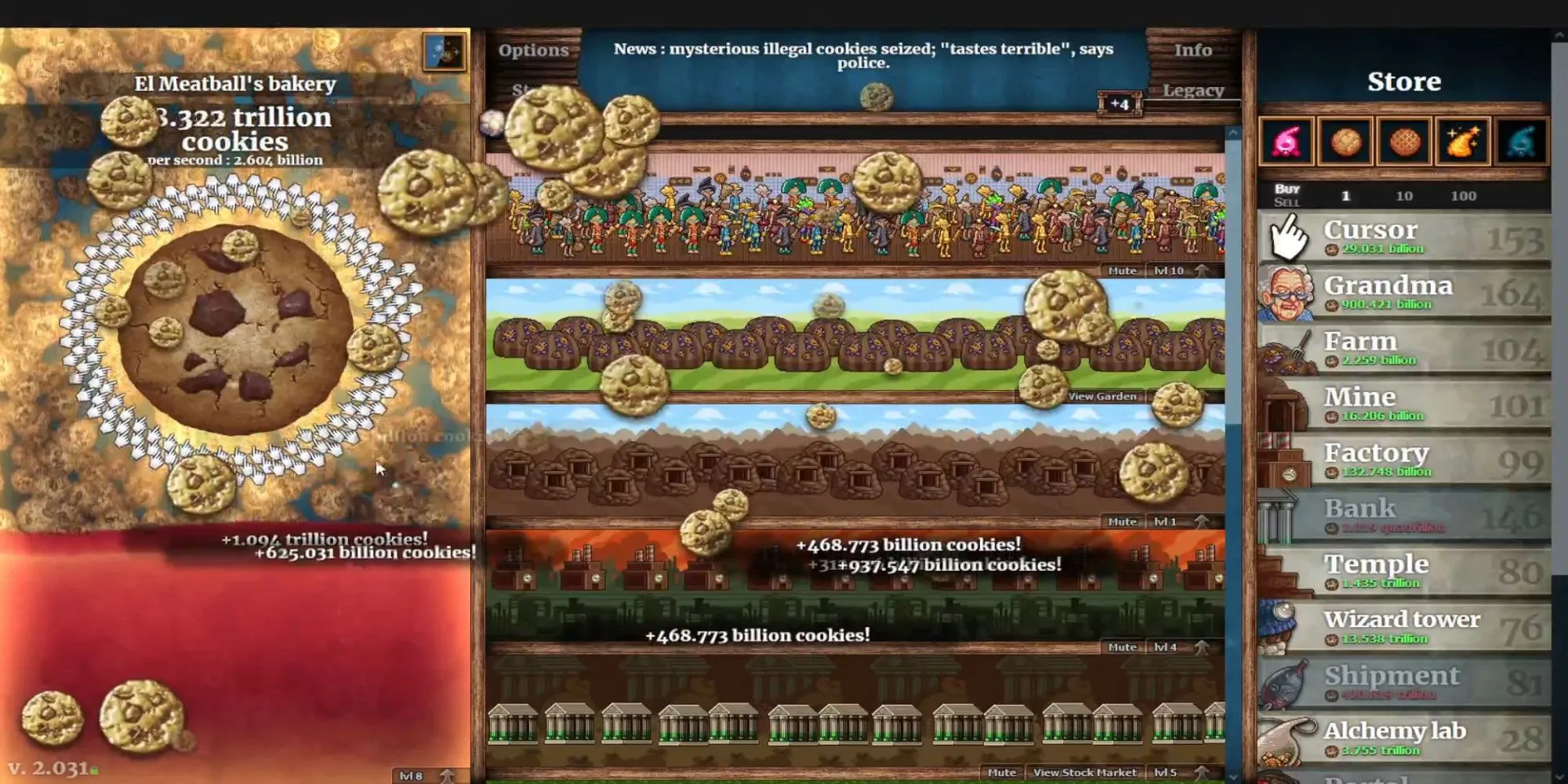 Giao diện game Cookie Clicker trên Steam với vô số bánh quy được sản xuất
