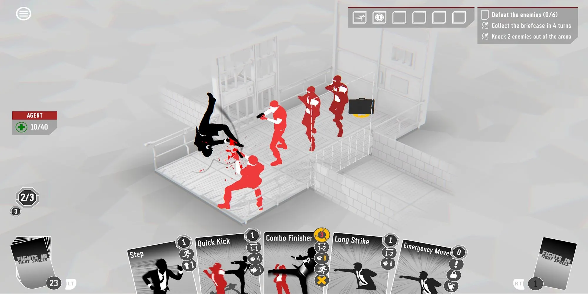 Giao diện game Fights in Tight Spaces với các lá bài hành động và mô hình nhân vật đơn giản