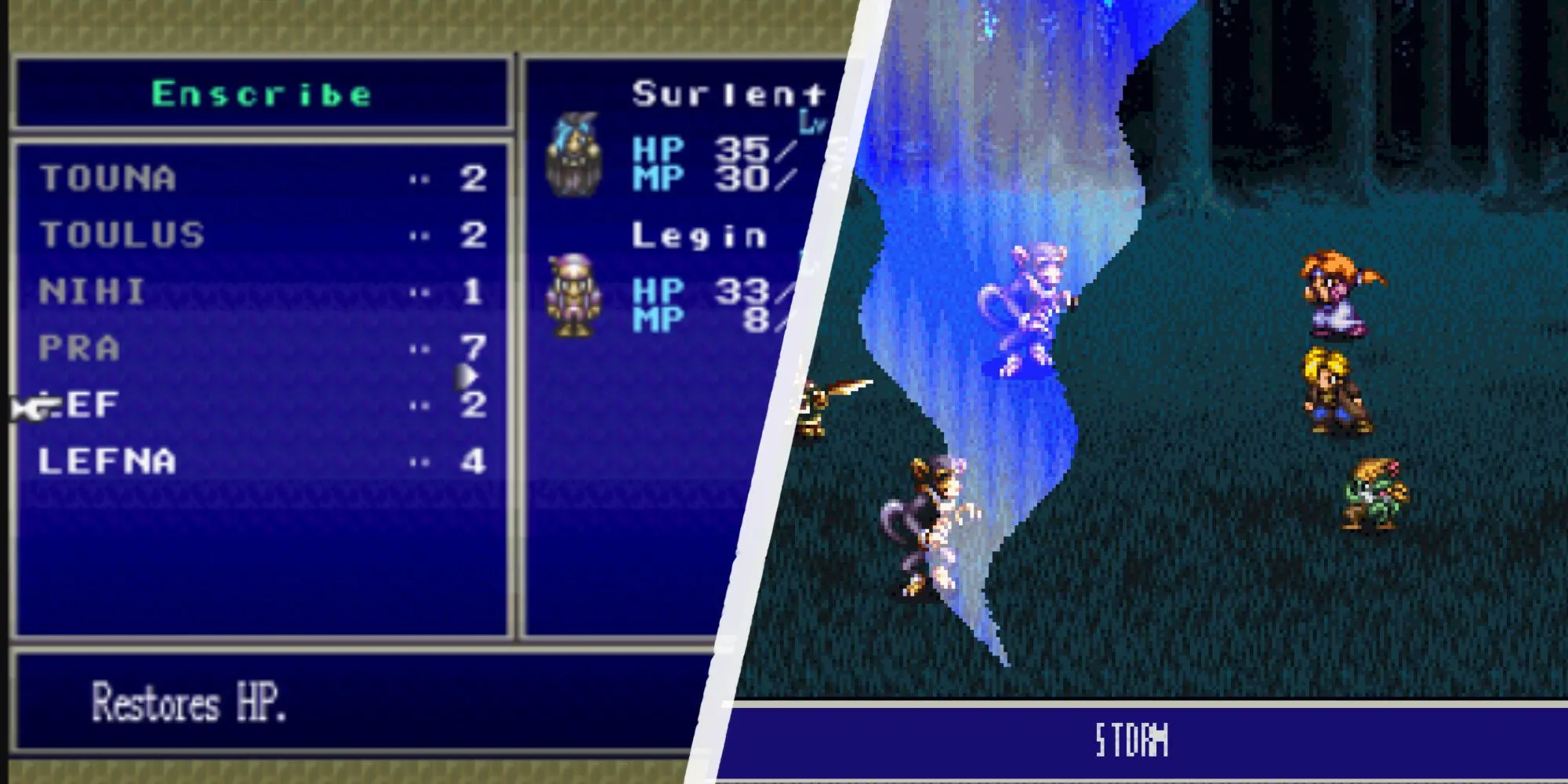Giao diện hệ thống Mantra để tạo phép thuật bằng cách đánh vần trong game SNES Treasure Of The Rudras
