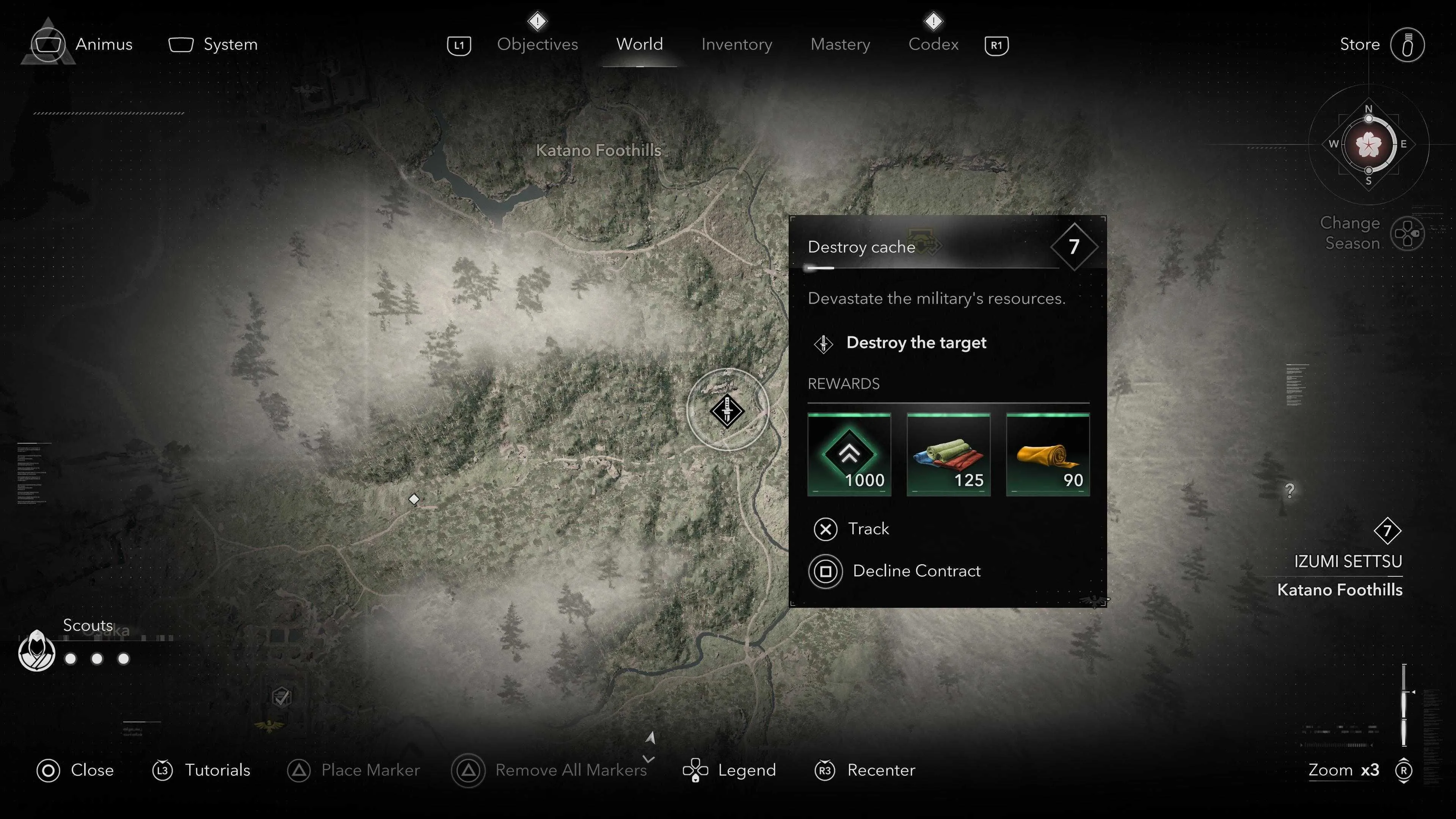 Giao diện hiển thị một hợp đồng nhiệm vụ trong Assassin's Creed Shadows với phần thưởng XP và vật liệu
