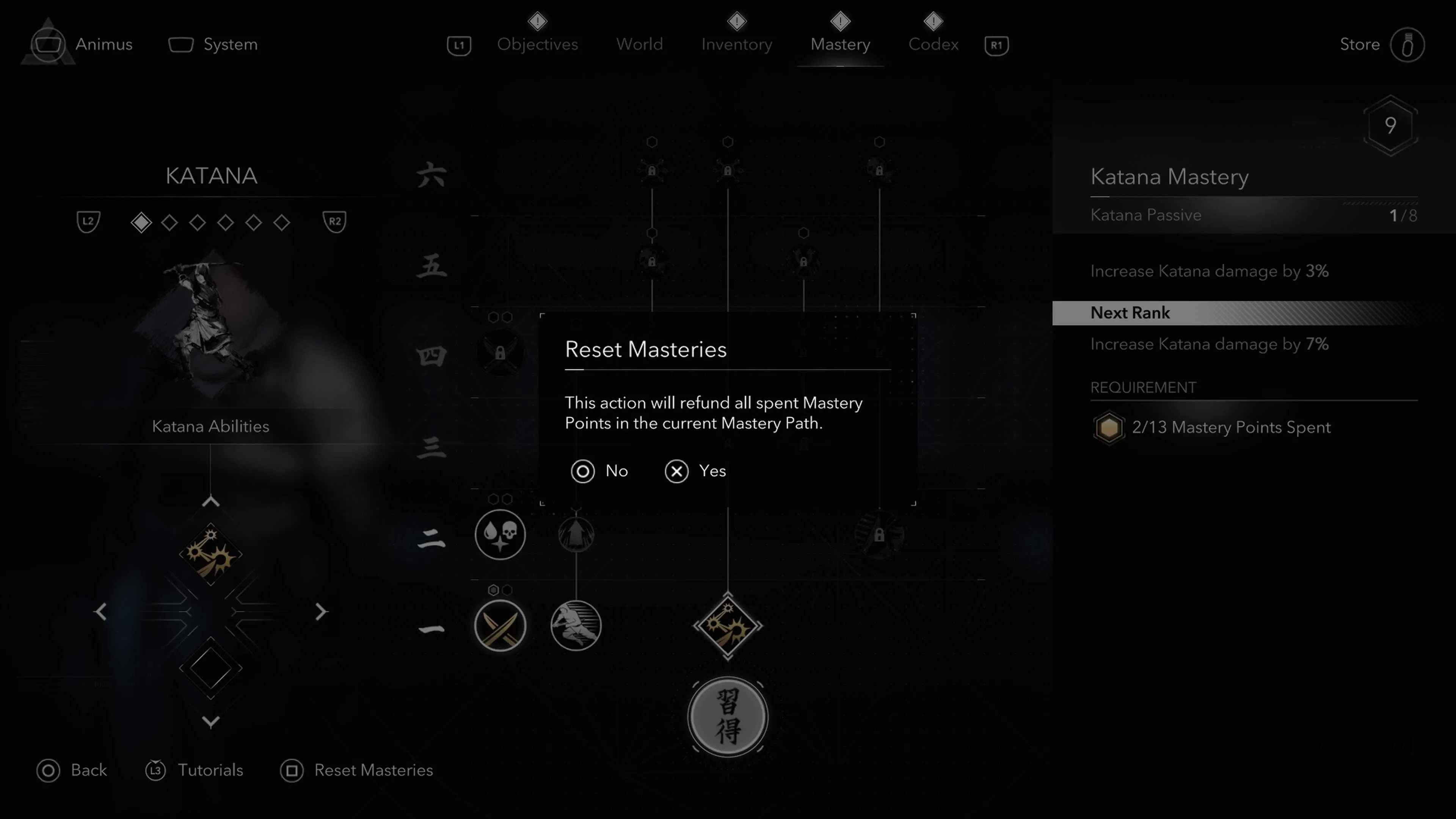 Giao diện respec điểm thông thạo (Mastery) trong Assassin's Creed Shadows