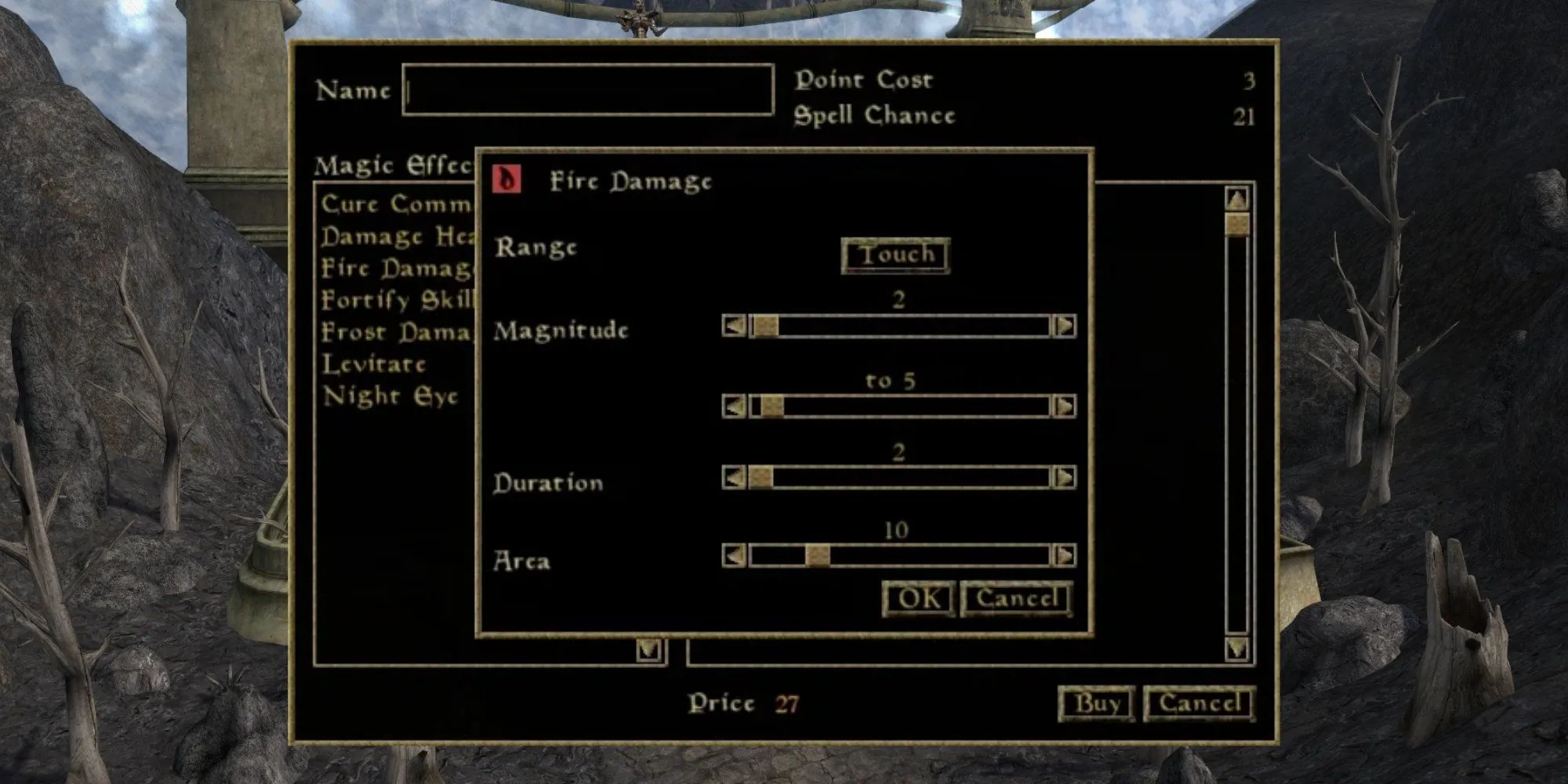 Giao diện tạo phép thuật chi tiết với các thanh trượt tùy chỉnh hiệu ứng trong game RPG The Elder Scrolls III: Morrowind