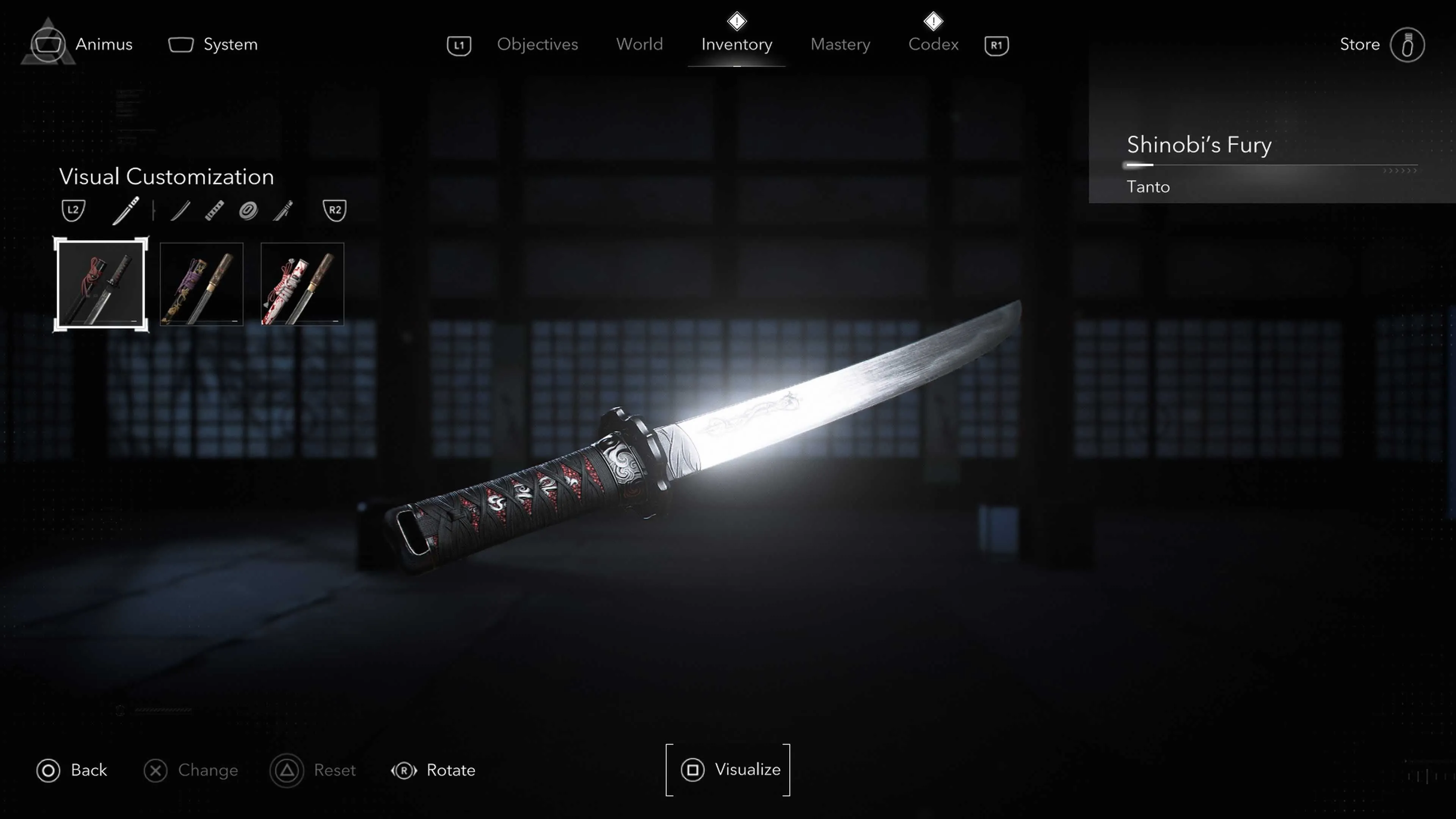 Giao diện tùy chỉnh ngoại hình trang bị trong Assassin's Creed Shadows cho phép thay đổi skin vũ khí