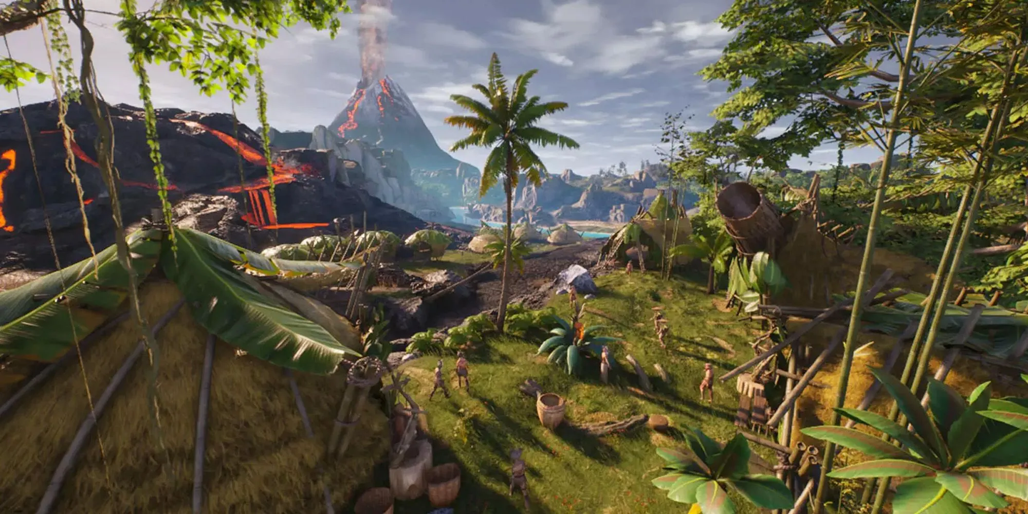 Góc nhìn người chơi trong Tribe Primitive Builder đang xây dựng một công trình gỗ trên hòn đảo nhiệt đới, thể hiện gameplay xây dựng bộ lạc tiền sử.
