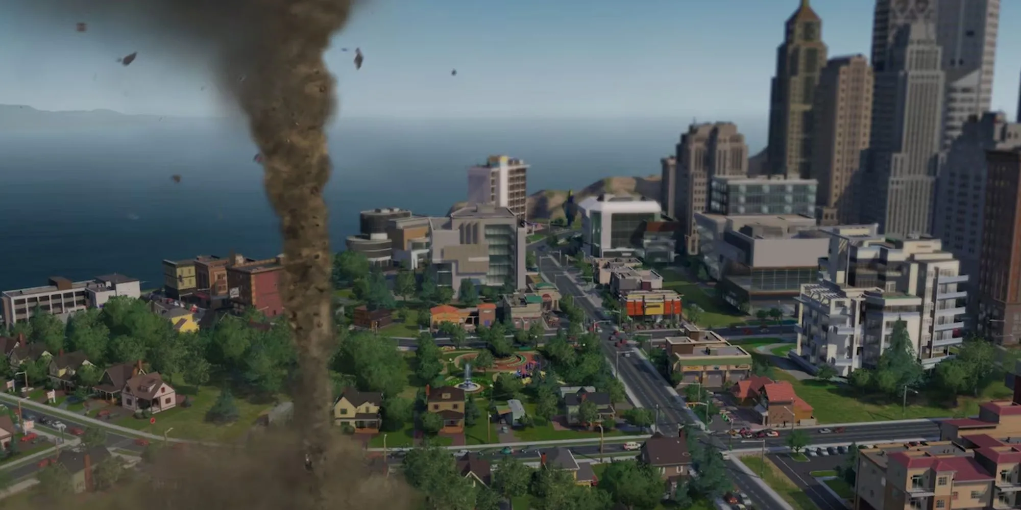 Góc nhìn từ trên cao của một thành phố trong SimCity 2013 với các tòa nhà và đường xá