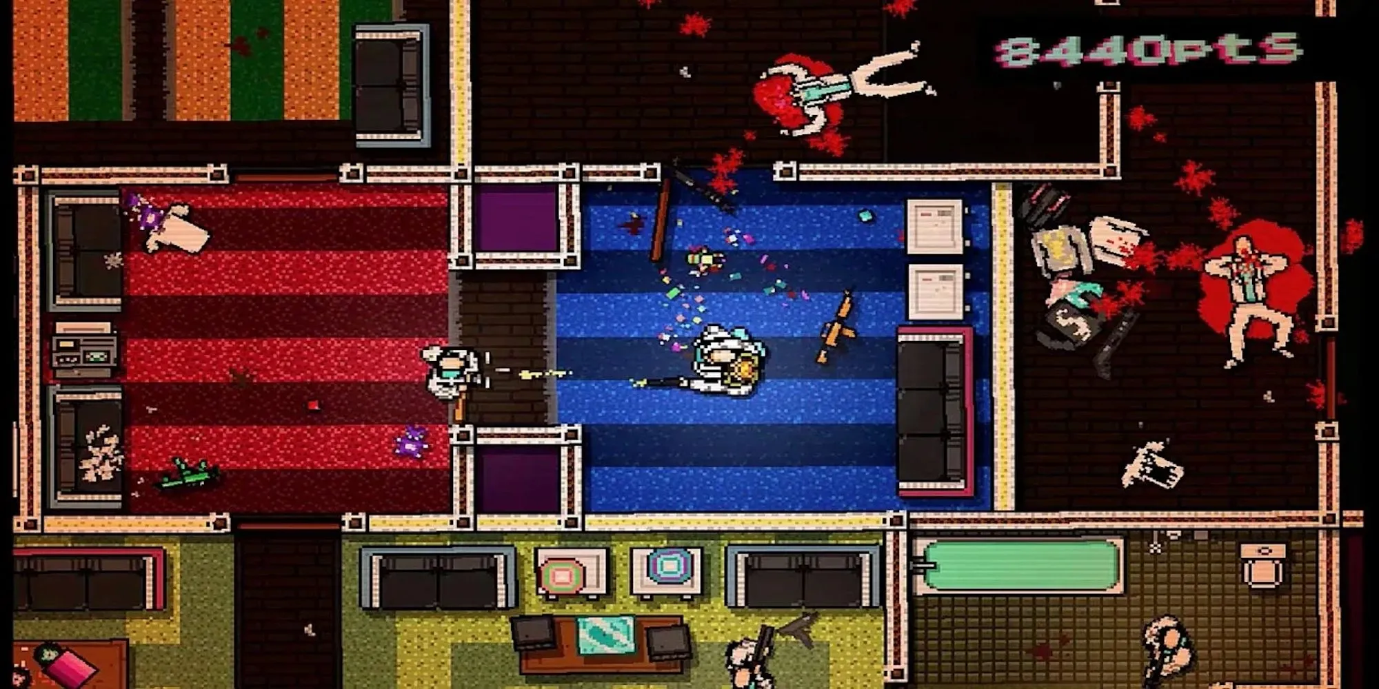 Góc nhìn từ trên cao trong game Hotline Miami với nhân vật chính và kẻ thù