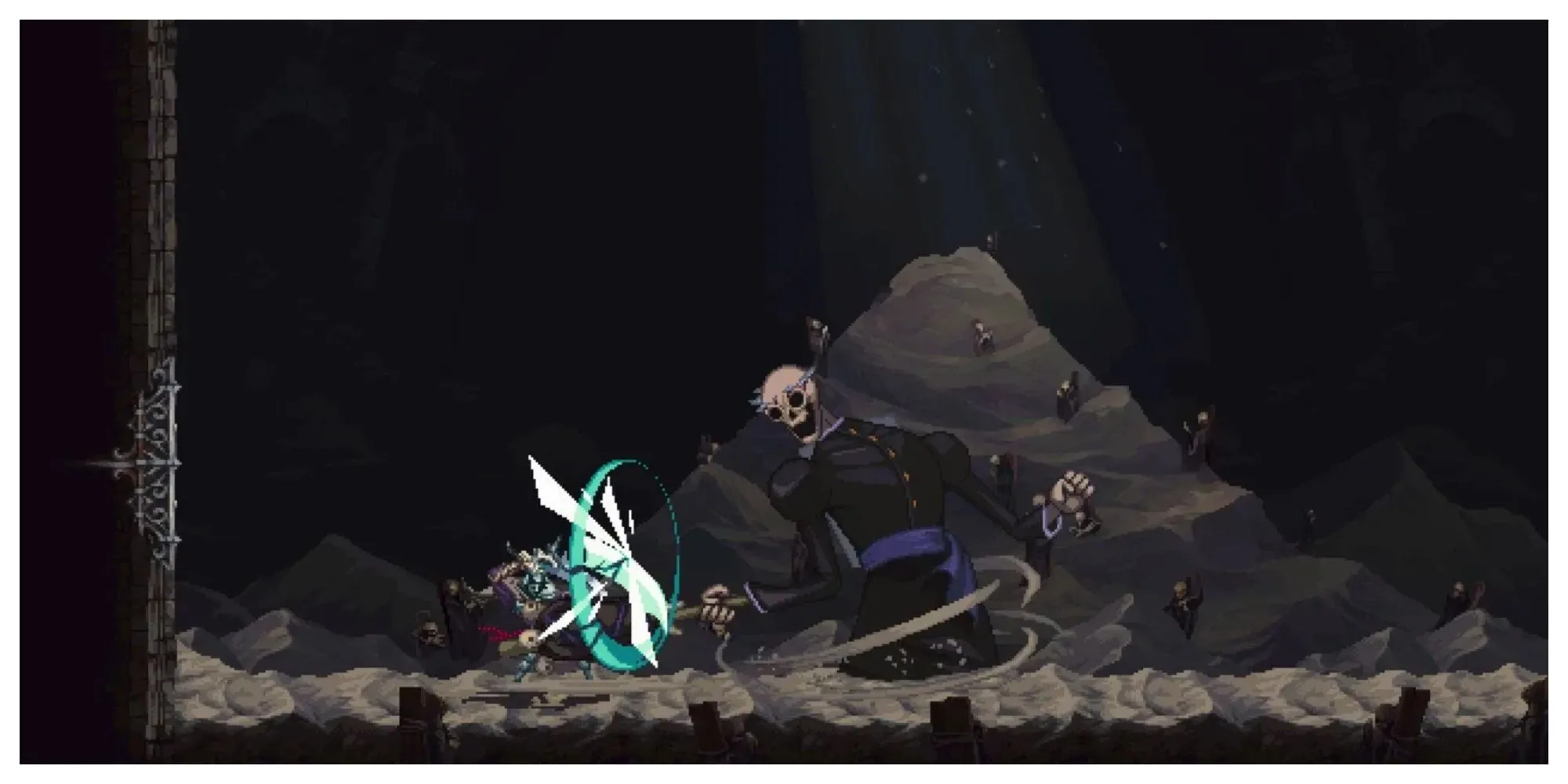 Great Preceptor Radamés, một bộ xương khổng lồ, tấn công người chơi trong Blasphemous 2