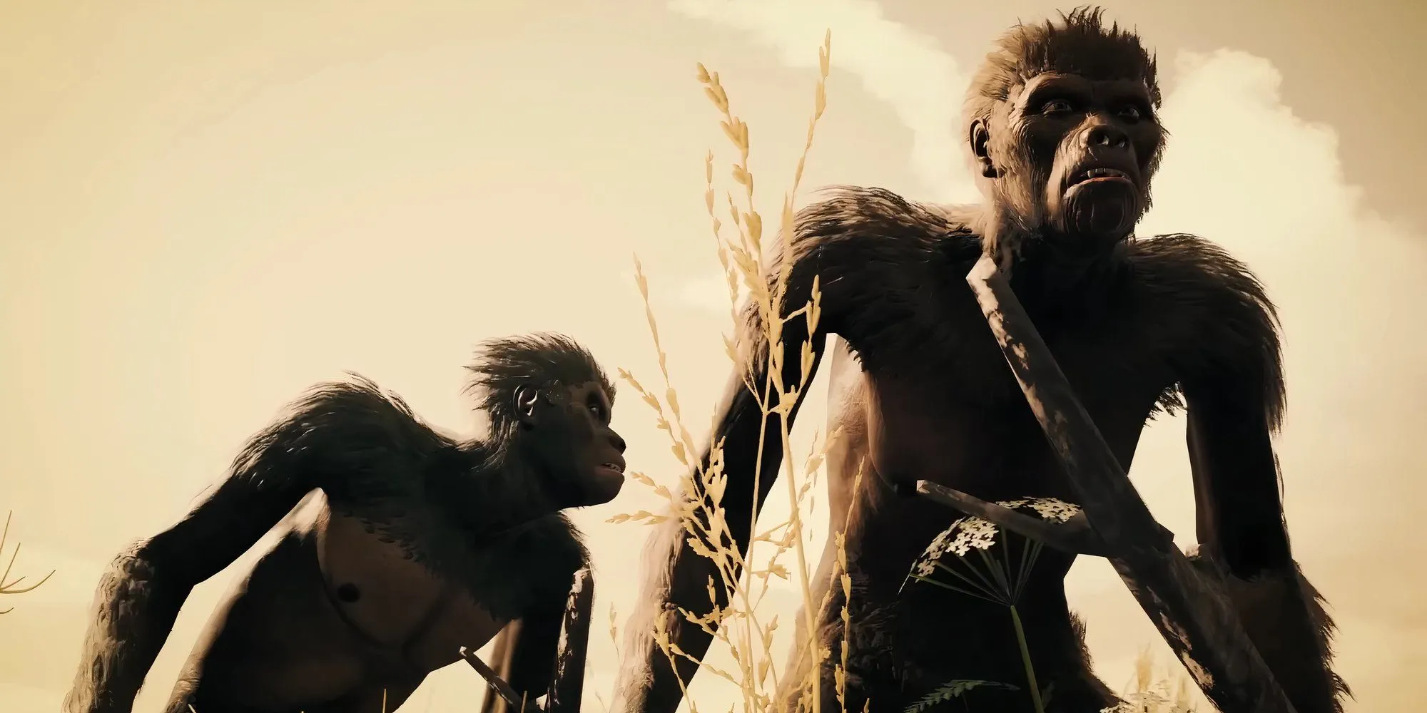 Hai cá thể vượn người trong Ancestors The Humankind Odyssey đang khám phá môi trường rừng rậm, minh họa cho hành trình tiến hóa của loài người trong game.