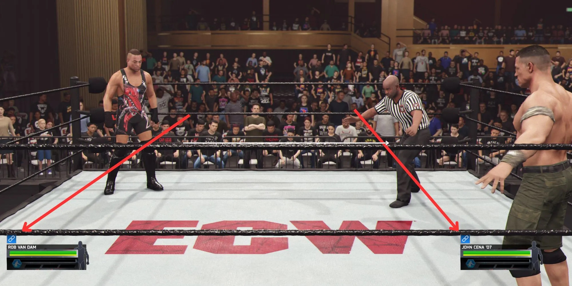 Hai đô vật chuẩn bị thực hiện chain wrestling trong WWE 2K25