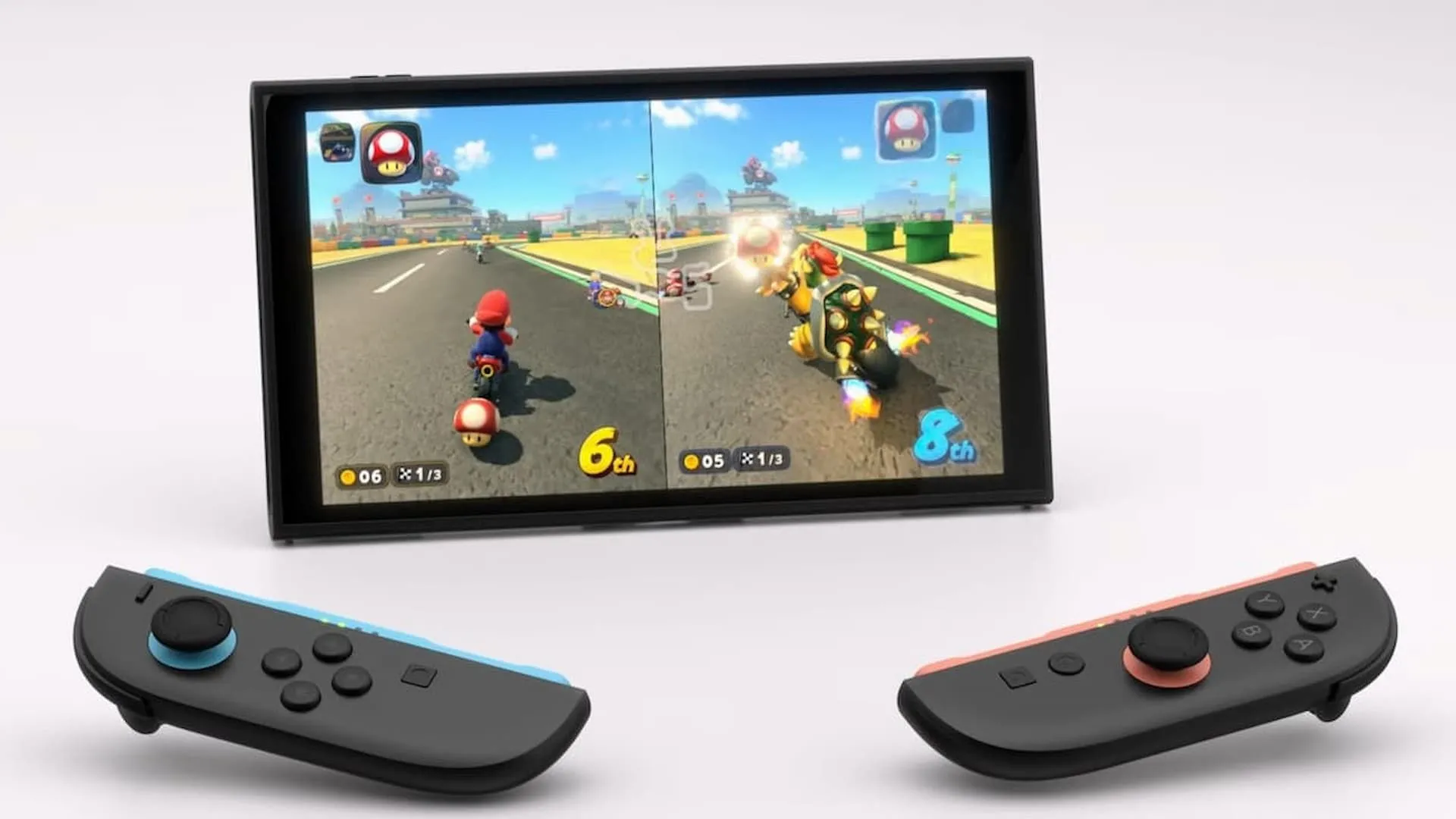 Hai người chơi trải nghiệm game Mario Kart trên Nintendo Switch 2 với Joy-Con tháo rời