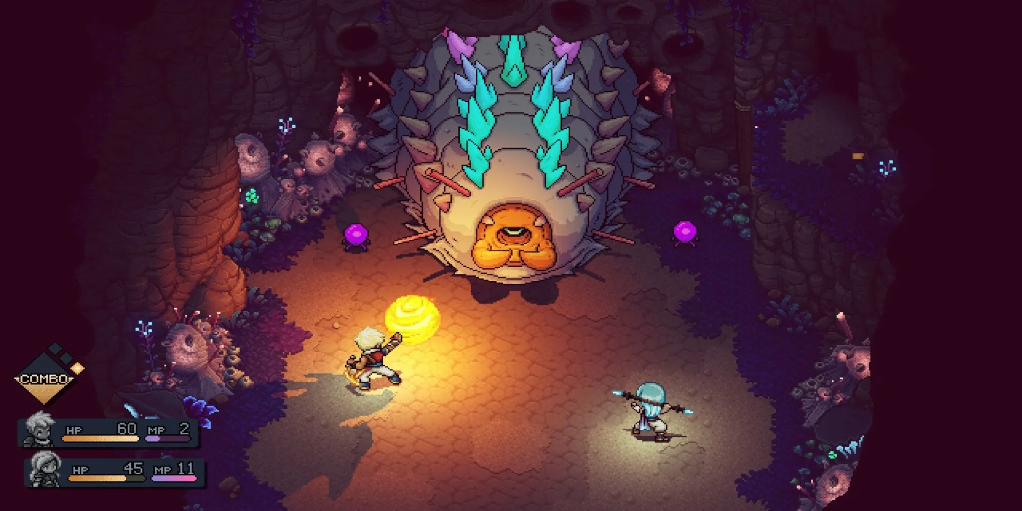 hai nhân vật chính của Sea of Stars đứng trên một mỏm đá nhìn ra thế giới game đầy màu sắc