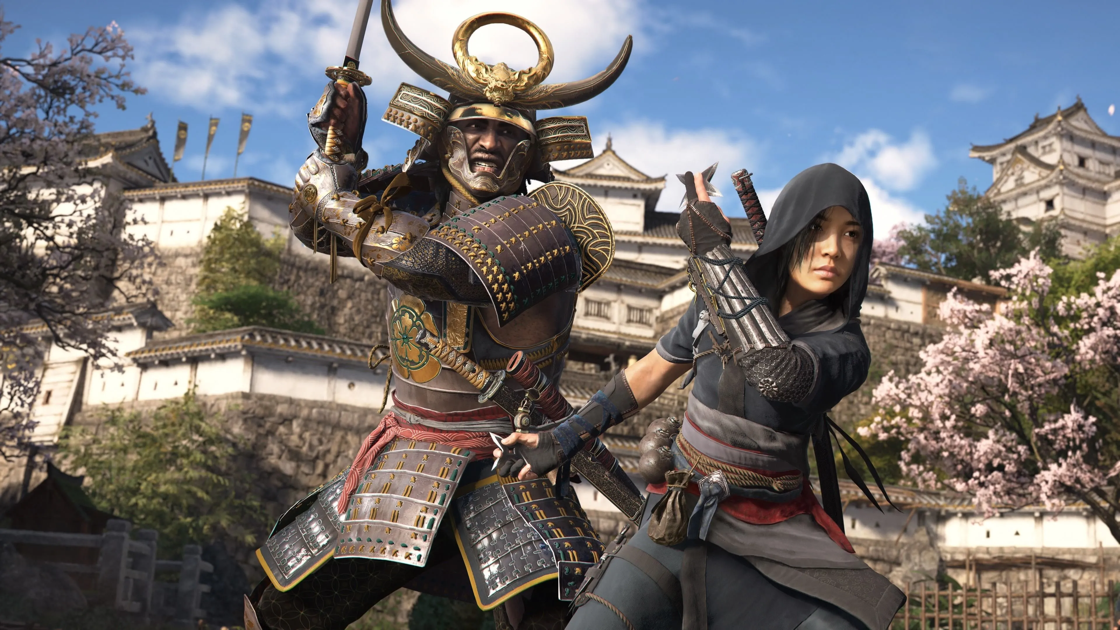Hai nhân vật chính Yasuke và Naoe đứng cạnh nhau trong Assassin's Creed Shadows