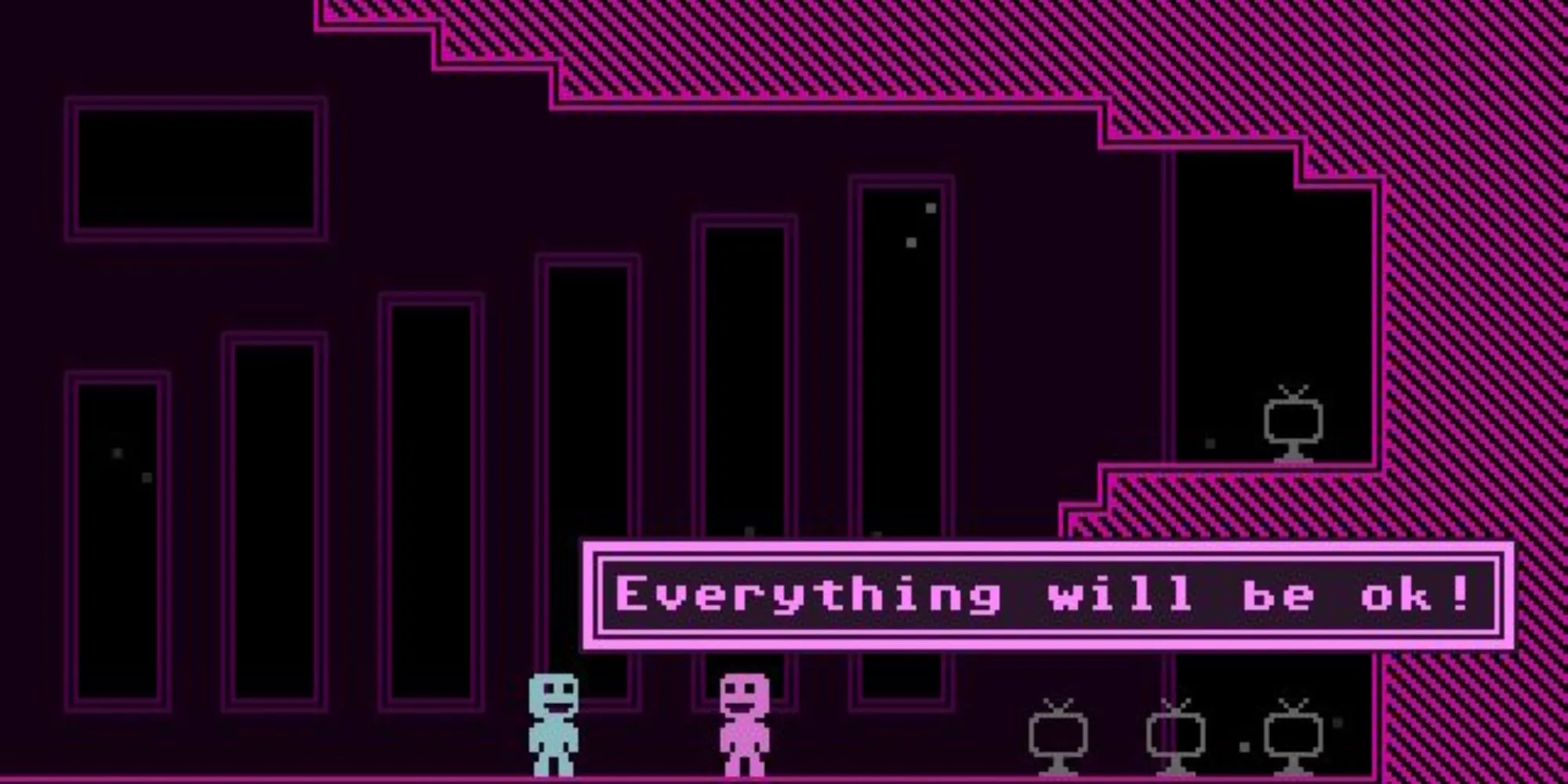 Hai nhân vật trong game VVVVVV đang tương tác và thể hiện sự lạc quan