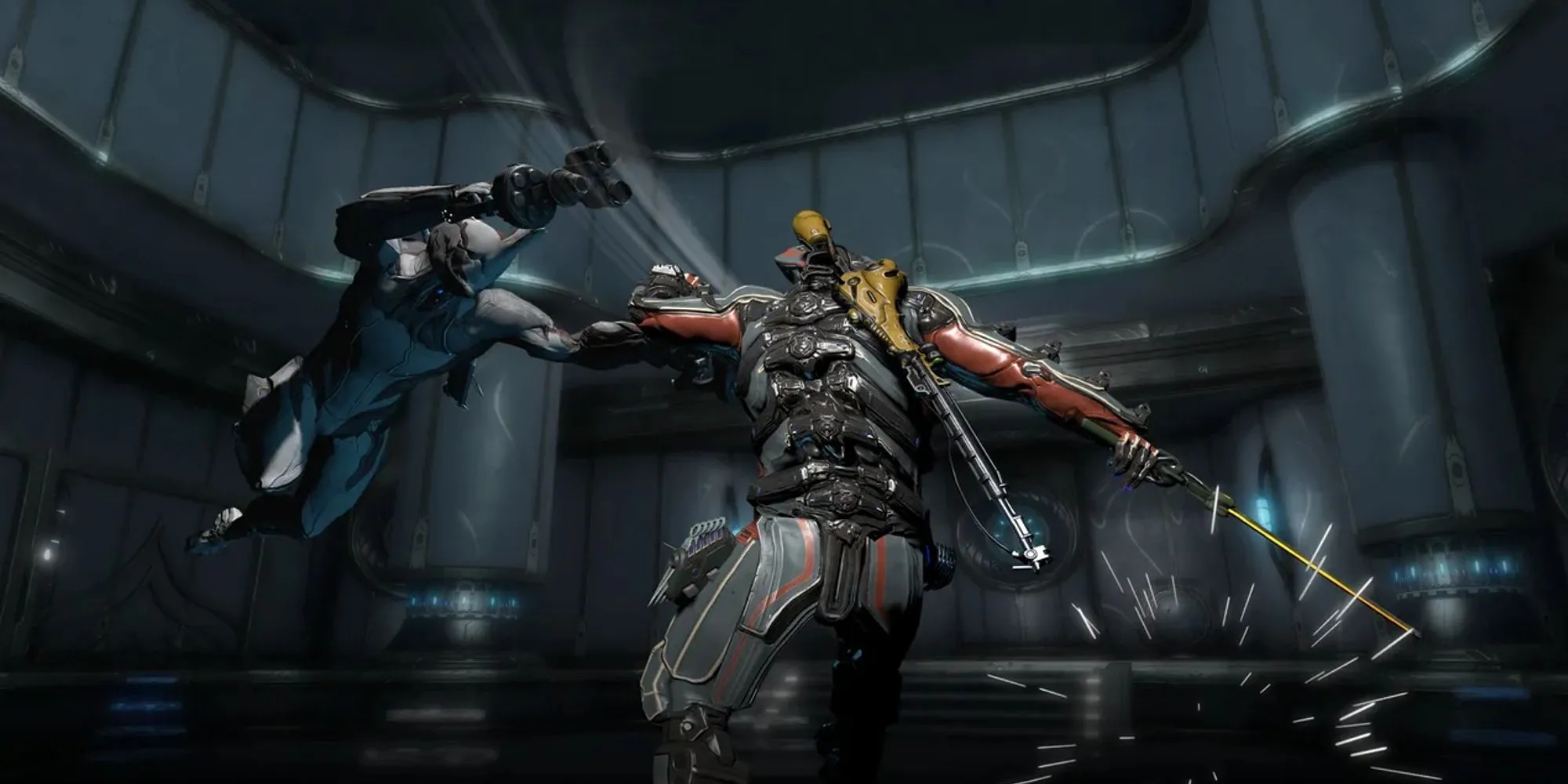 Hai nhân vật Warframe trong trận chiến