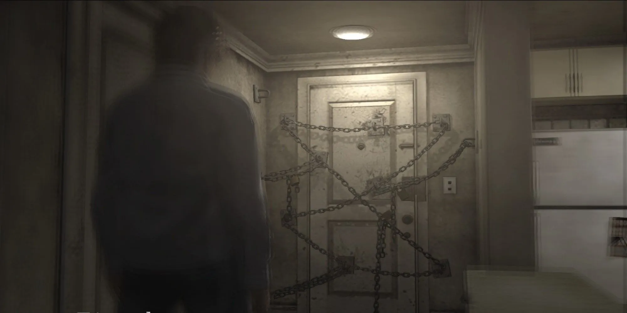 Henry Townshend nhìn cánh cửa bị khóa trong Silent Hill 4 The Room, một trải nghiệm kinh dị ngột ngạt và rùng rợn.
