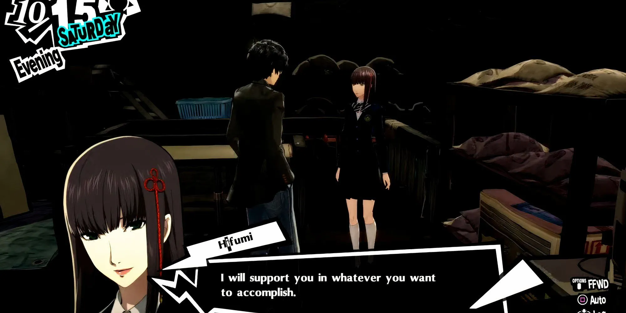 Hifumi Togo đến thăm Joker tại phòng riêng ở Leblanc sau khi đạt max rank Confidant trong Persona 5 Royal