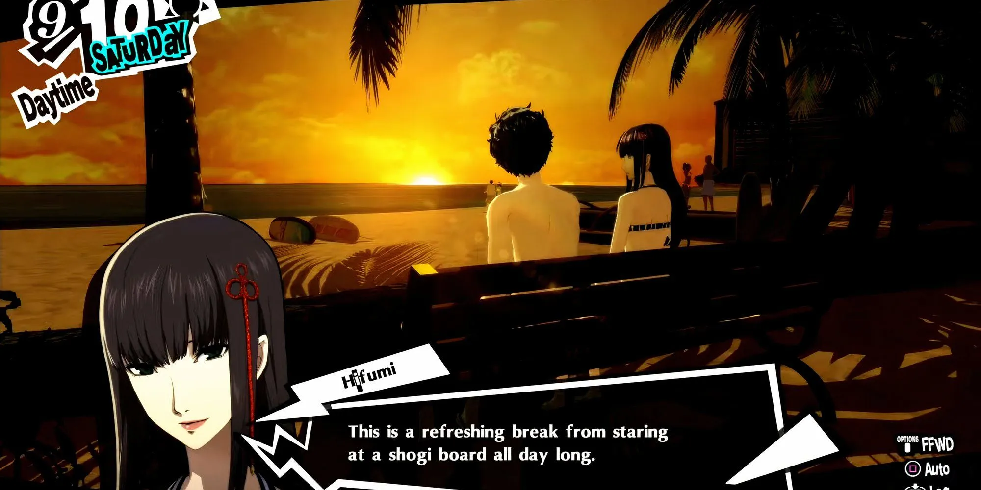 Hifumi Togo và Joker ngắm hoàng hôn tại Hawaii trong Persona 5 Royal
