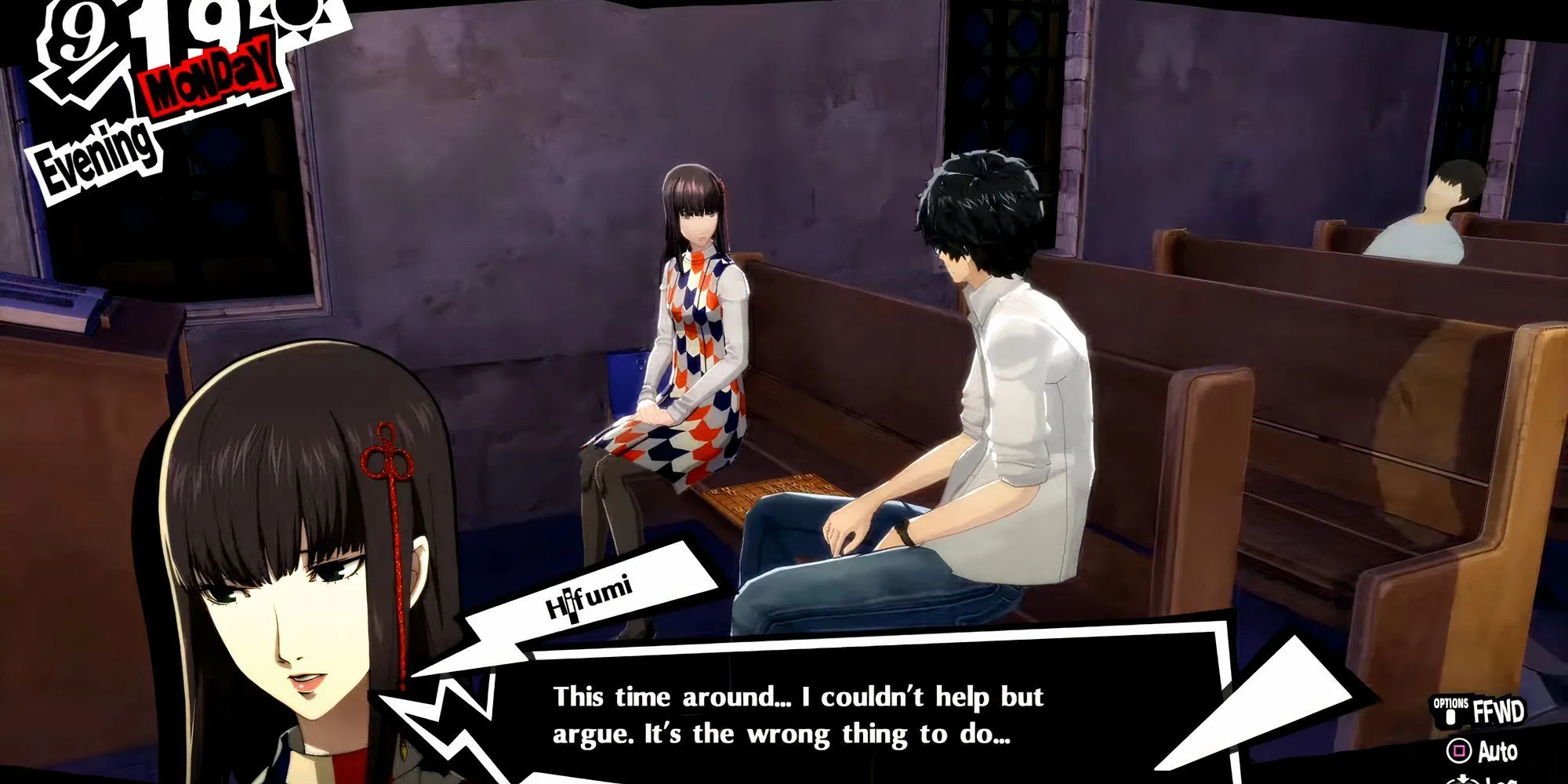 Hifumi Togo và Joker tại nhà thờ Kanda trong Persona 5 Royal trước khi nhận nhiệm vụ Mementos