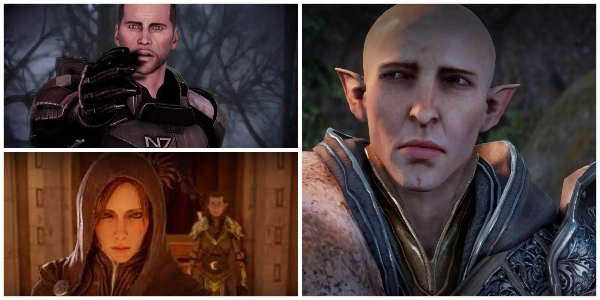 Hình ảnh collage các nhân vật buồn bã từ game BioWare (Solas từ Dragon Age, Shepard từ Mass Effect, Leliana từ Dragon Age) minh họa cho tình hình khó khăn của BioWare.
