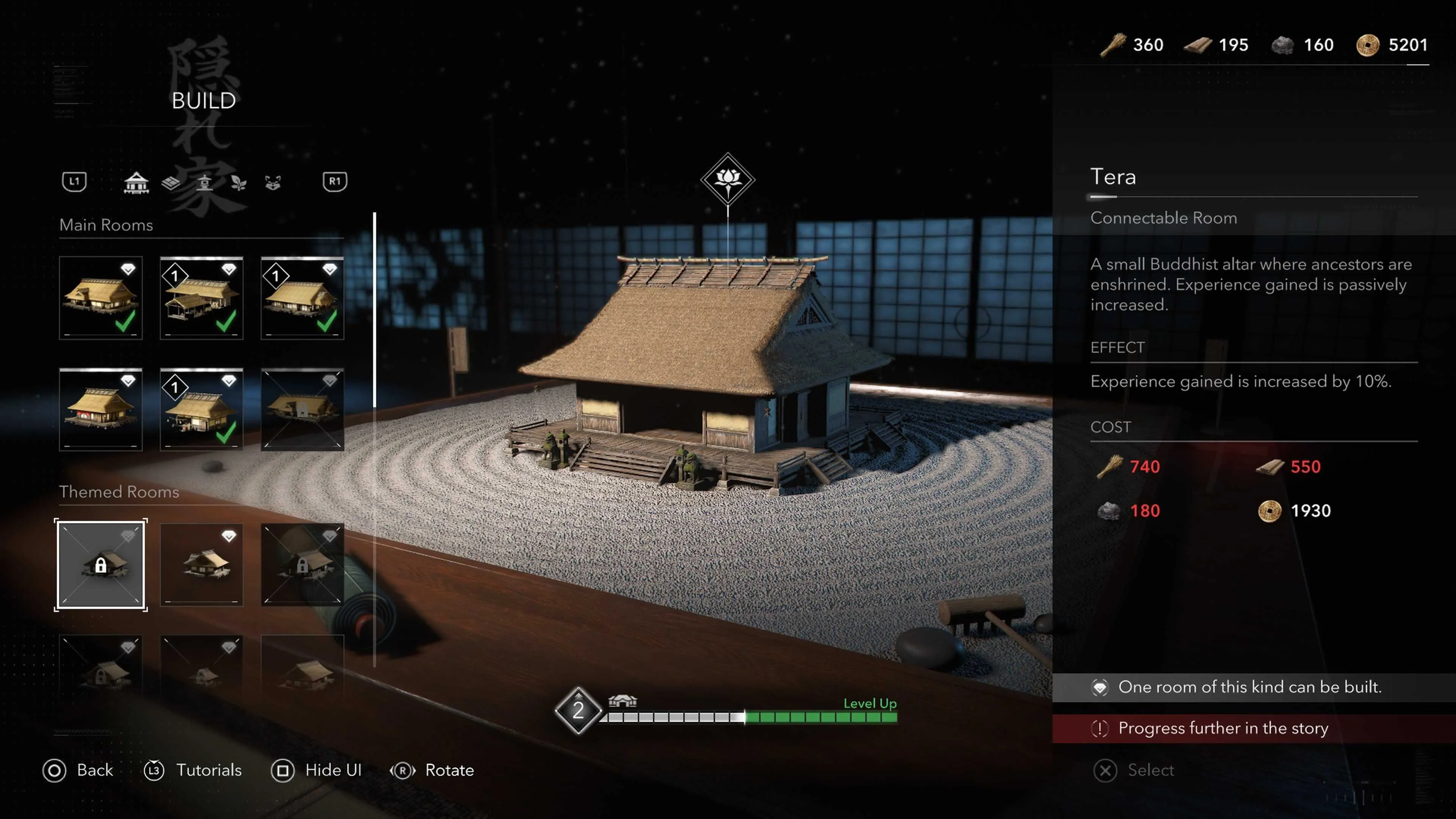 Hình ảnh công trình Tera trong căn cứ Hideout của Assassin's Creed Shadows giúp tăng XP thụ động