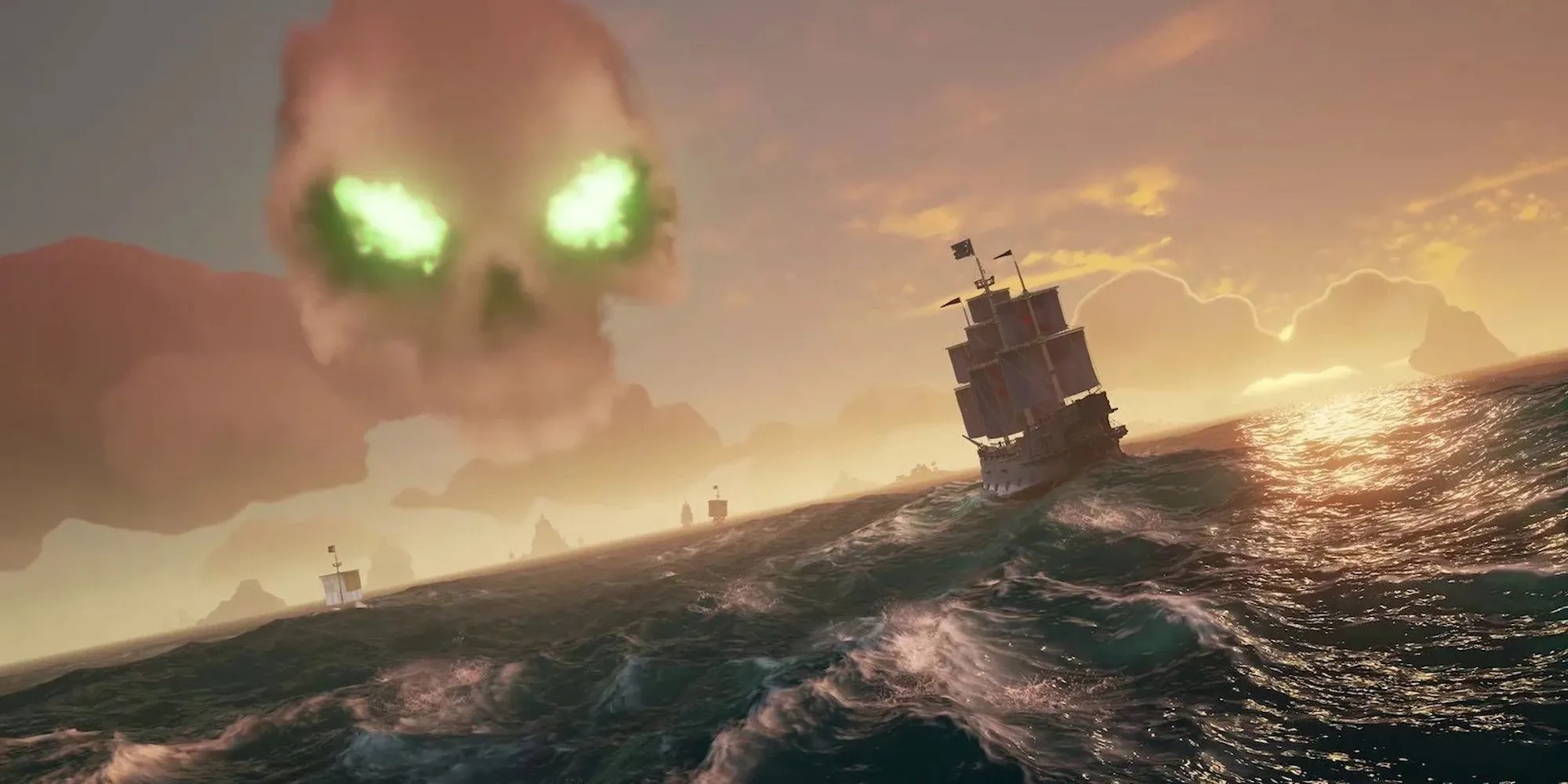 Hình ảnh đầu lâu xương chéo khổng lồ hiện lên trên bầu trời đêm đầy sao trong game Sea of Thieves