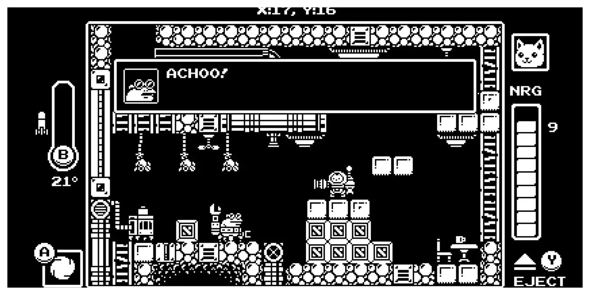 Hình ảnh game Gato Roboto, một tựa game Metroidvania đồ họa pixel đen trắng đặc sắc