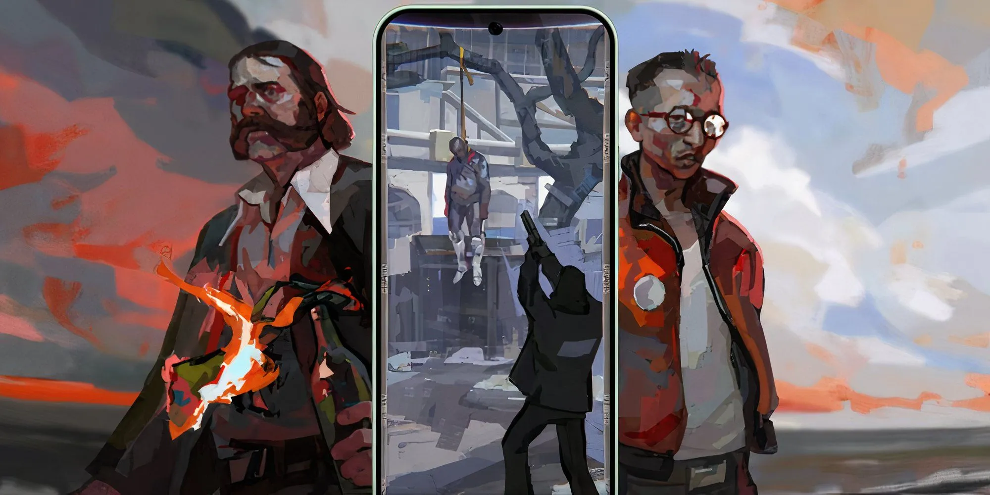 Hình ảnh gameplay Disco Elysium Mobile cảnh bắn hạ xác người treo cổ.