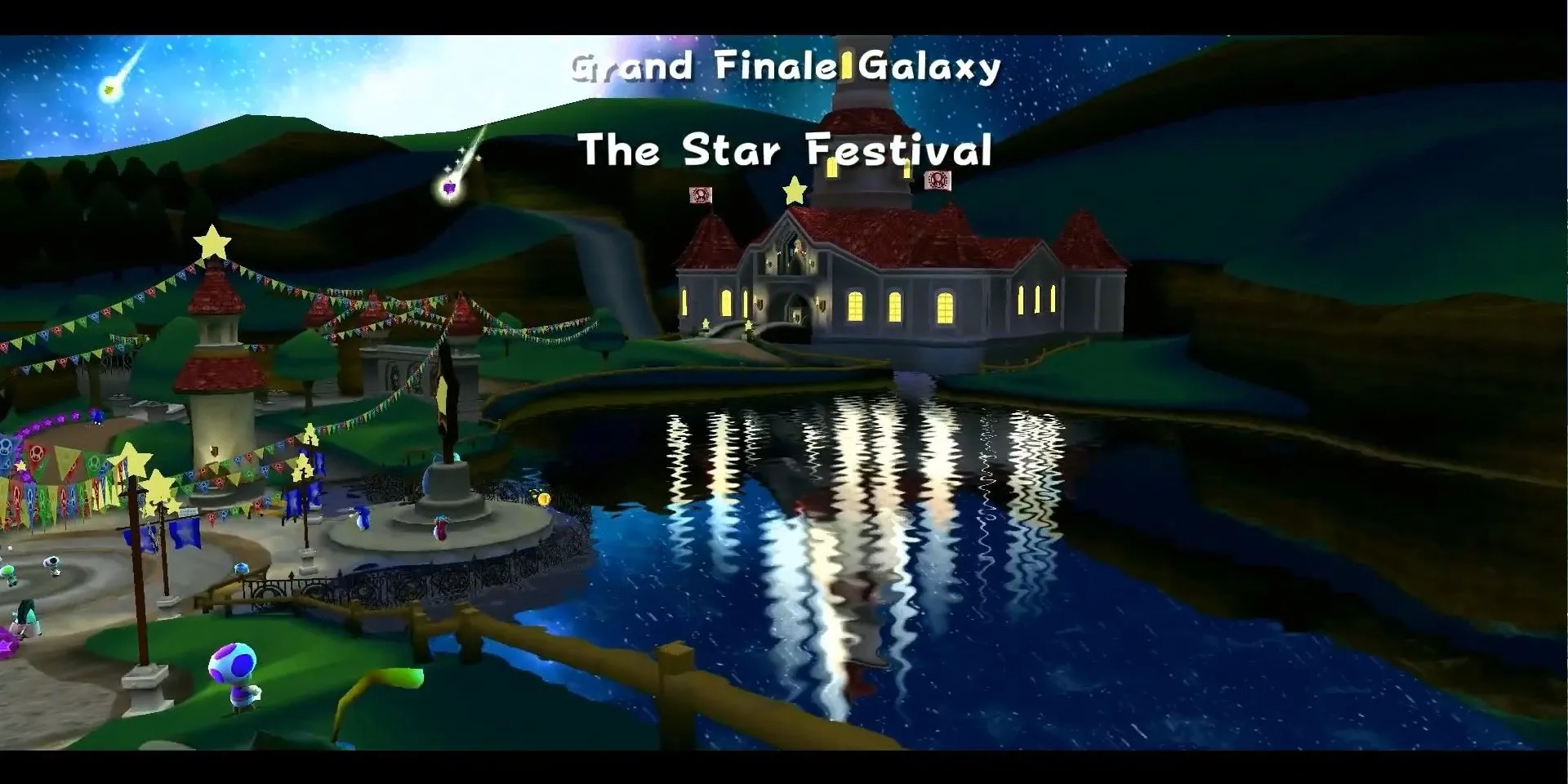 Hình ảnh Lễ Hội Sao Băng trong Super Mario Galaxy, với những đồng xu tím trong màn chơi và ánh đèn từ lâu đài chiếu xuống mặt hồ.