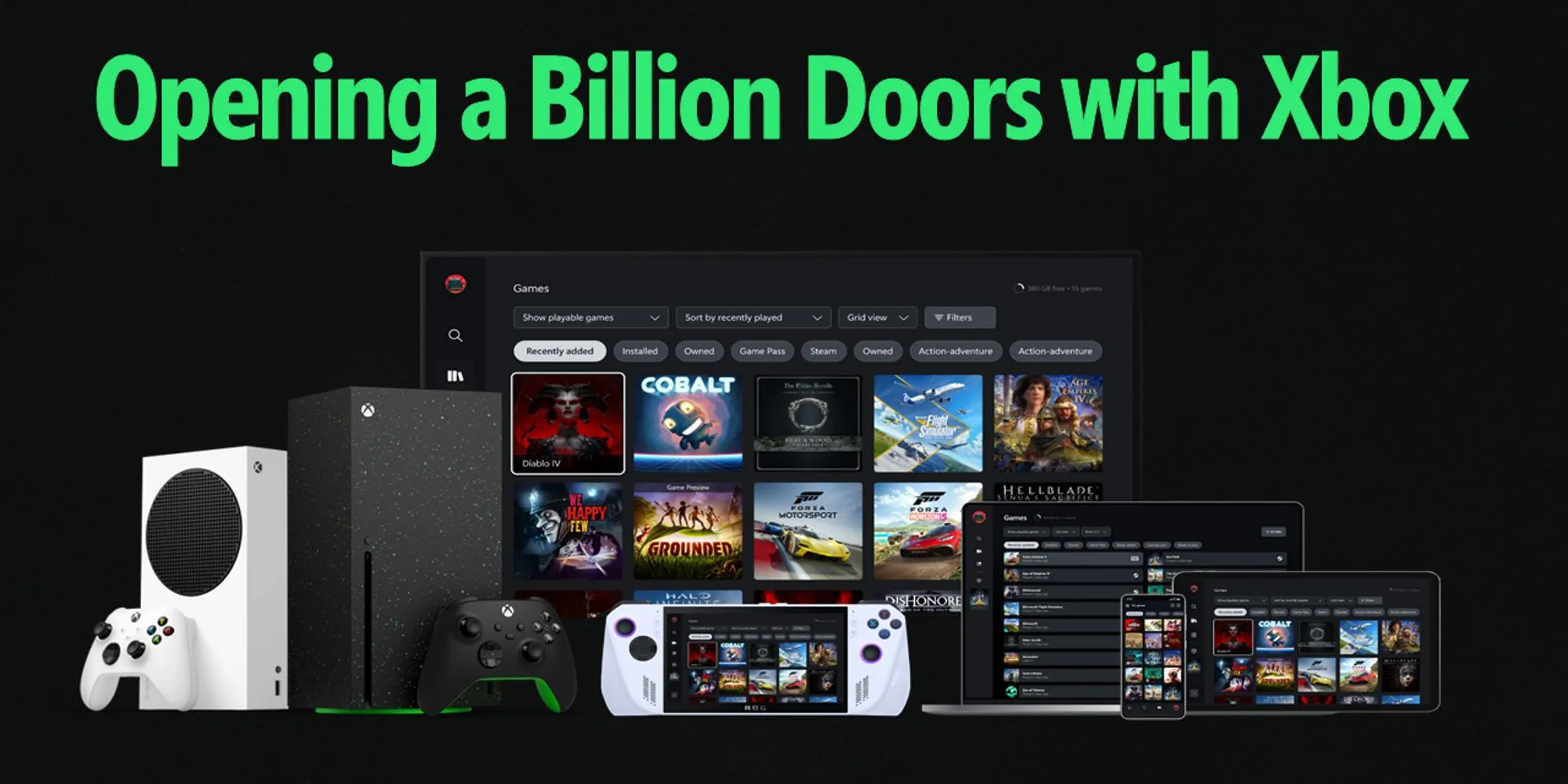 Hình ảnh mockup giao diện Xbox mới hiển thị tab Steam trên TV và các thiết bị khác, hé lộ khả năng tích hợp
