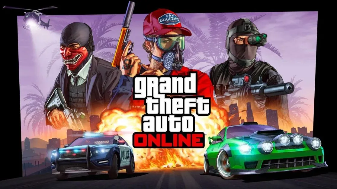 Hình ảnh quảng bá GTA Online với xe cảnh sát, xe mustang xanh và tay súng