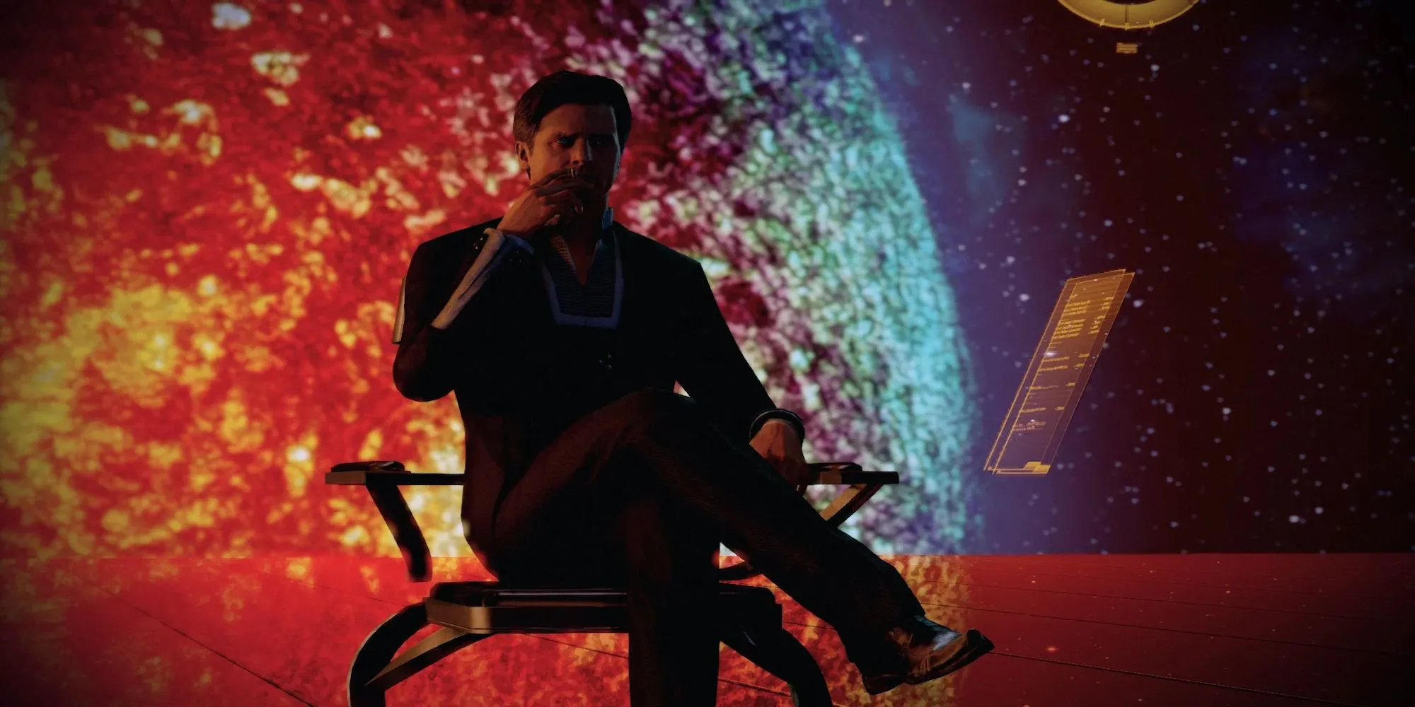 Illusive Man từ series Mass Effect ngồi trong căn cứ với đôi mắt phát sáng