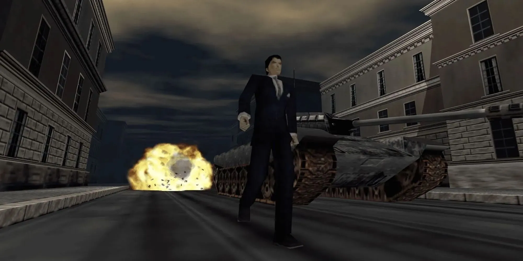 James Bond lạnh lùng bước đi khỏi một vụ nổ lớn phía sau trong game GoldenEye 007